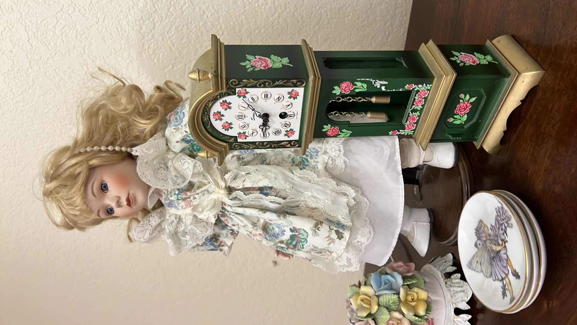 Photo 4 of VINTAGE PORCELAIN BODY DOLL H16", MINI WOOD GRANDFATHER CLOCK, CERAMIC FLORAL LIGHT, 3 SMALL DISHES