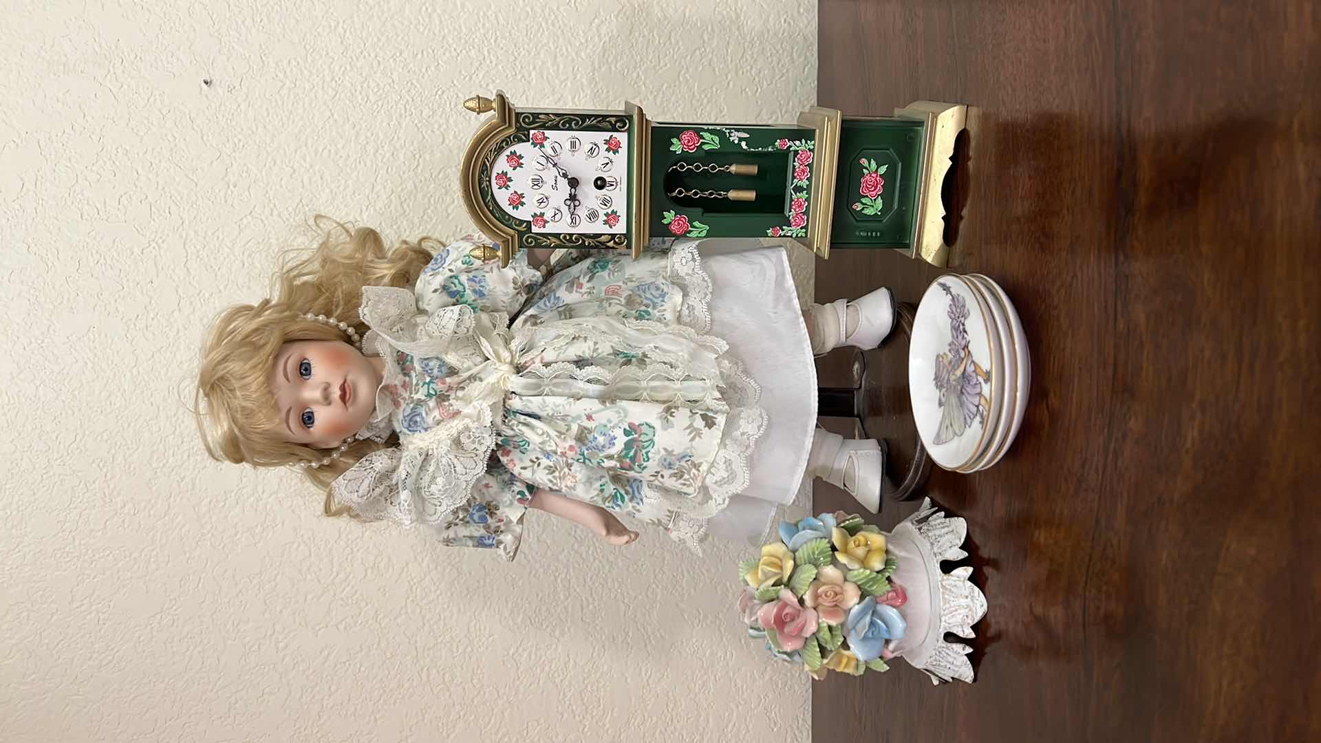 Photo 1 of VINTAGE PORCELAIN BODY DOLL H16", MINI WOOD GRANDFATHER CLOCK, CERAMIC FLORAL LIGHT, 3 SMALL DISHES