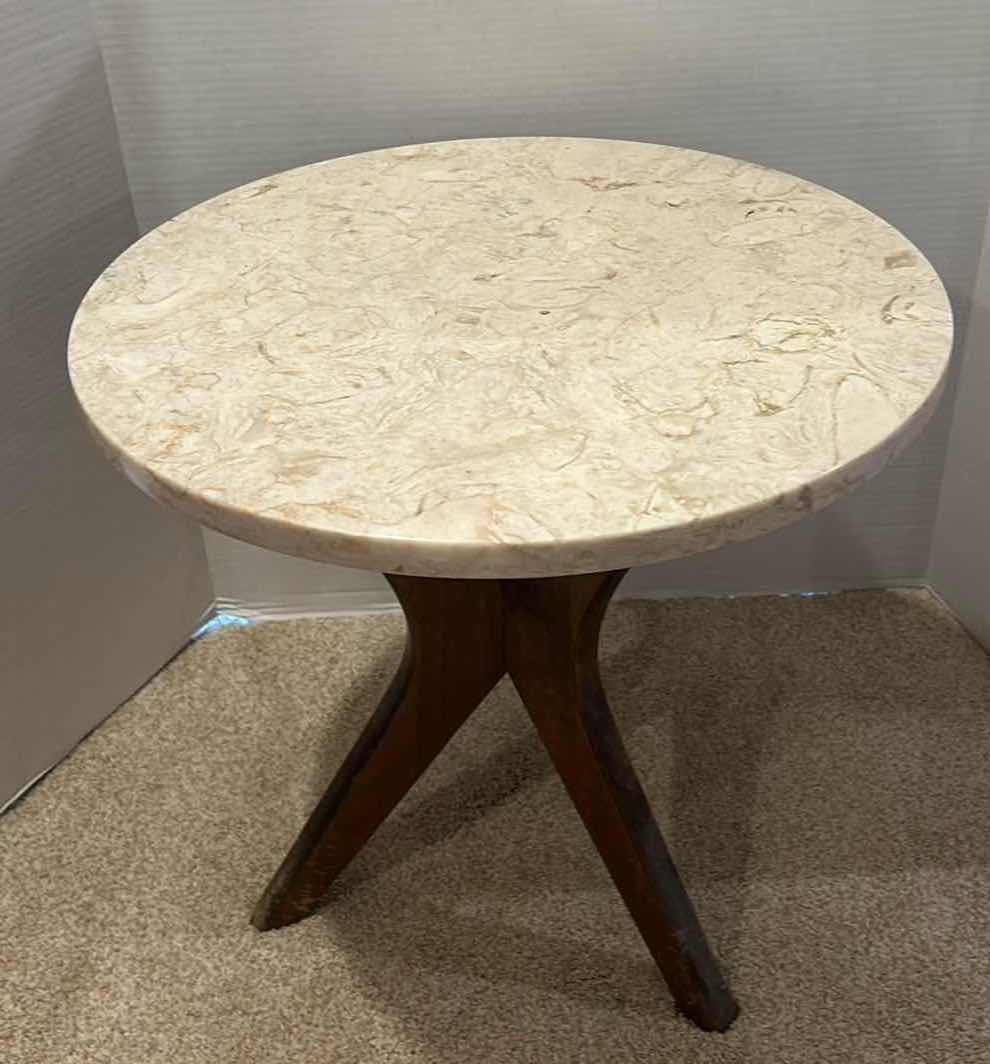 Photo 1 of 18" ROUND WOOD BASE W MARBLE TOP ACCENT TABLE  H18”