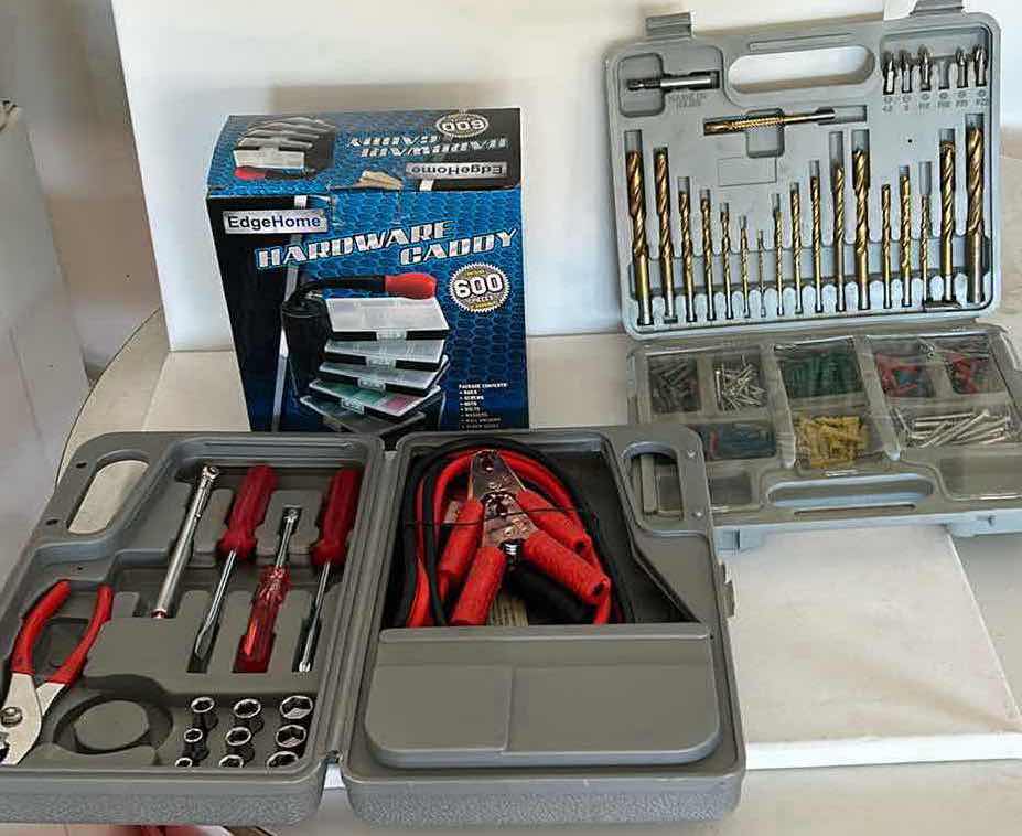 Photo 1 of 3 GARAGE TOOLS - DRILL BITS, HARDWARE CADDY, CAR SET WITH JUMPER CABLES