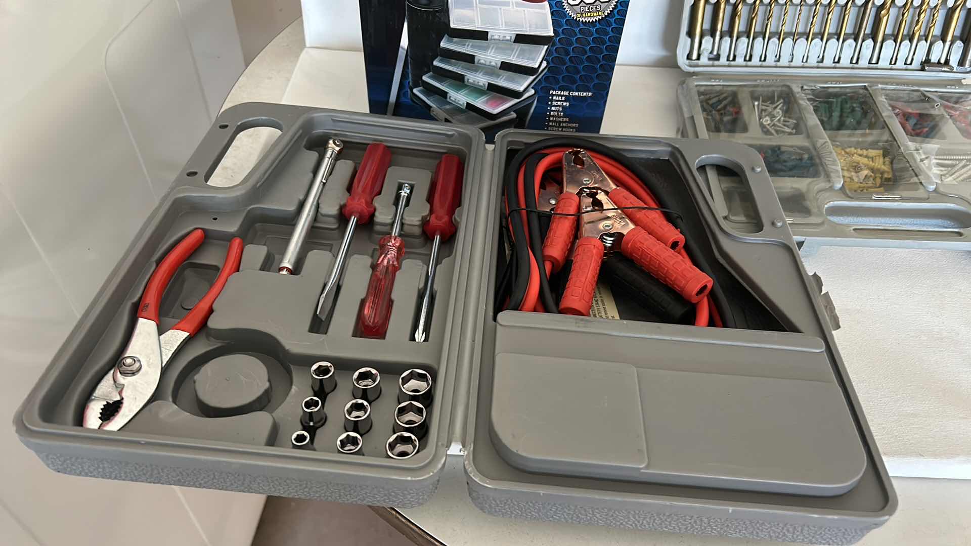 Photo 3 of 3 GARAGE TOOLS - DRILL BITS, HARDWARE CADDY, CAR SET WITH JUMPER CABLES