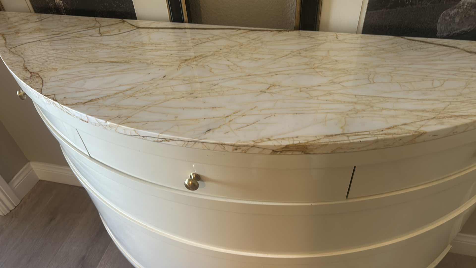 Photo 4 of SANIHARTO CUSTOM BOW FRONT CONSOLE TABLE - MARBLE TOP, GOLD ACCENTS 51” x 15” x 32 1/4”