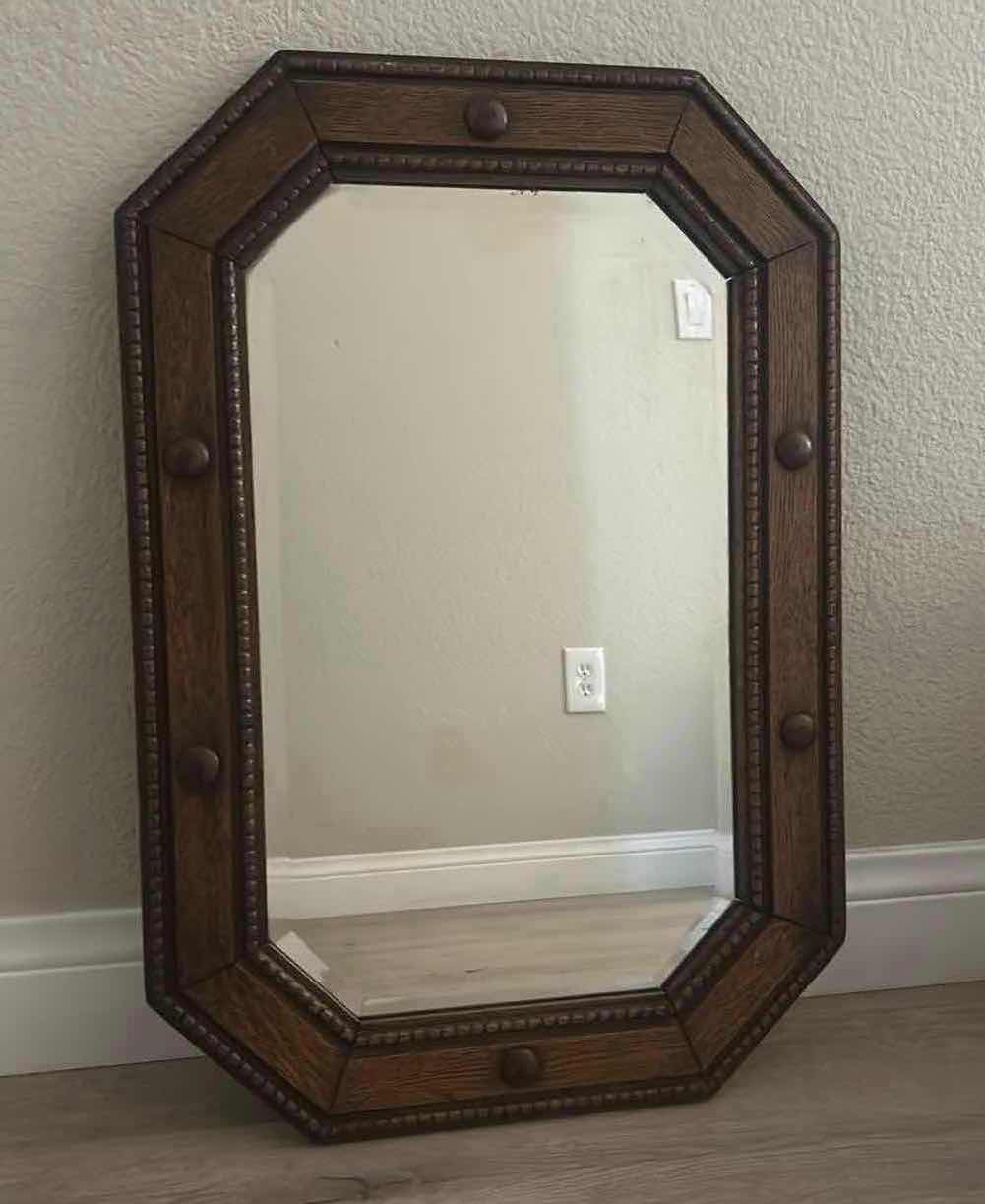 Photo 3 of VINTAGE HEAVY WOOD FRAMED BEVELED GLASS MIRROR