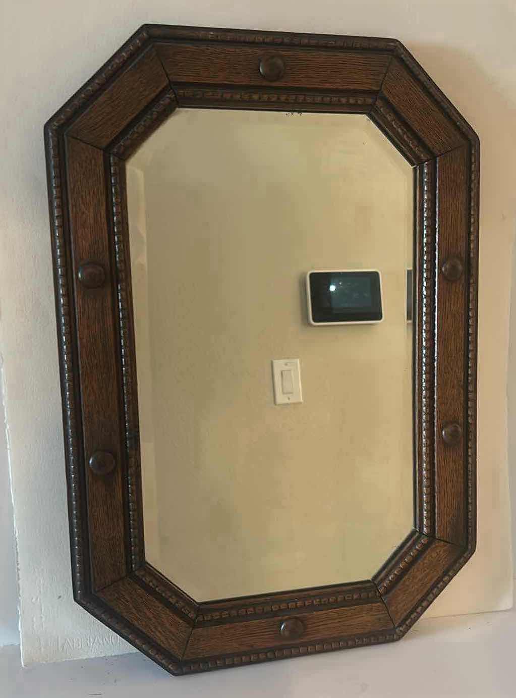 Photo 1 of VINTAGE HEAVY WOOD FRAMED BEVELED GLASS MIRROR