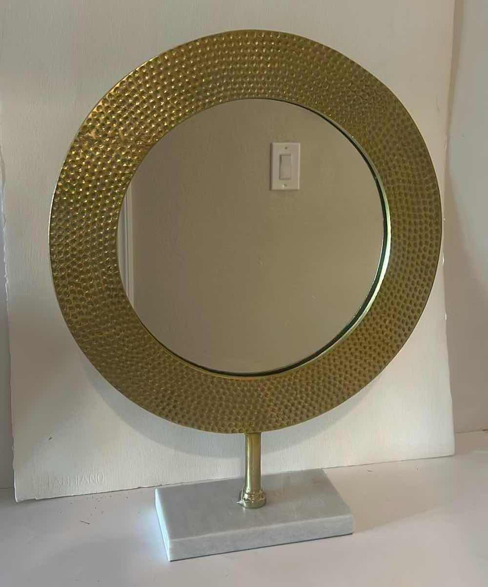 Photo 1 of HAMMERED BRASS FRAMED MIRROR ON MARBLE BASE $50 H20.5”