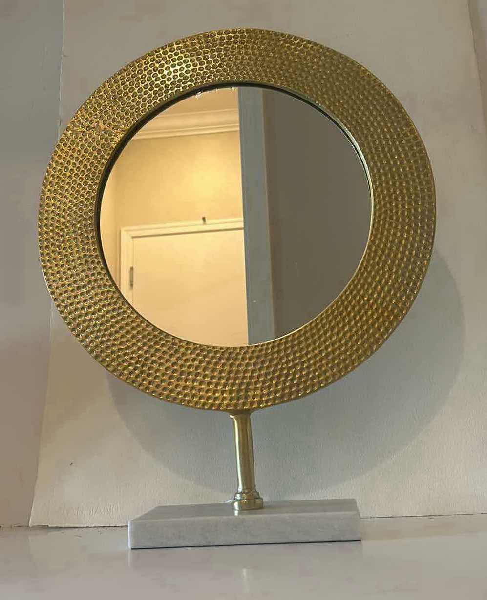 Photo 2 of HAMMERED BRASS FRAMED MIRROR ON MARBLE BASE $50 H20.5”