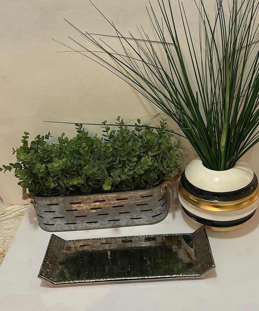 Photo 5 of HOME DECOR- 3 PC, SILVER TRAY, FAUX PLANT IN TIN, CERAMIC ROUND VASE AND FAUX GREENERY