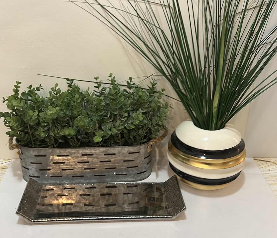 Photo 1 of HOME DECOR- 3 PC, SILVER TRAY, FAUX PLANT IN TIN, CERAMIC ROUND VASE AND FAUX GREENERY