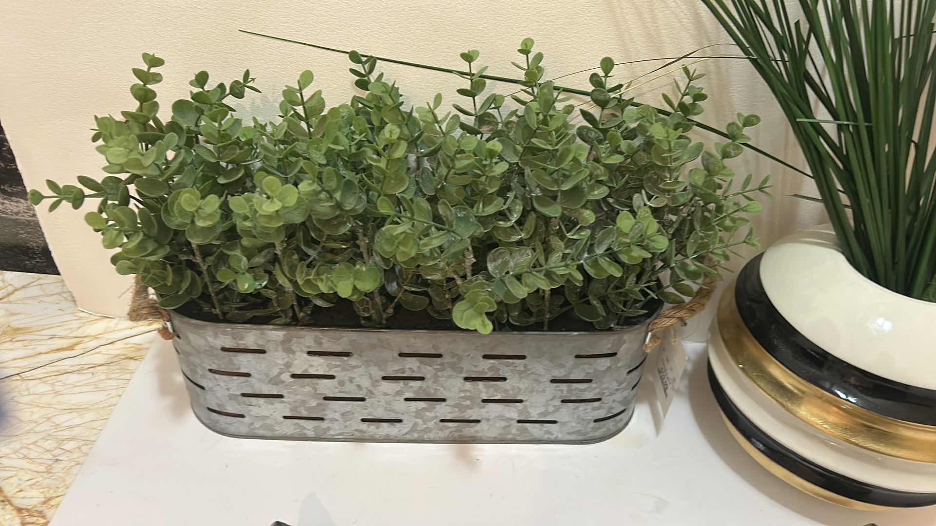 Photo 4 of HOME DECOR- 3 PC, SILVER TRAY, FAUX PLANT IN TIN, CERAMIC ROUND VASE AND FAUX GREENERY