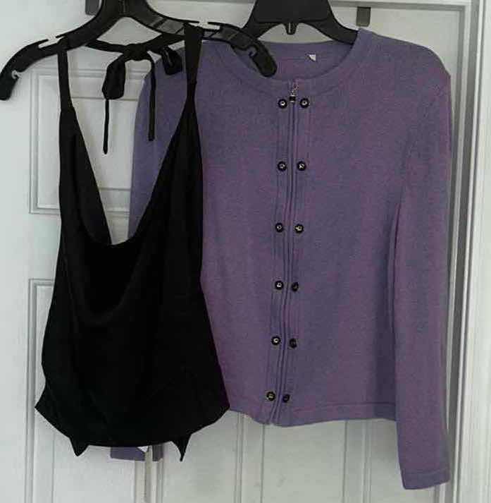 Photo 1 of WOMENSWEAR- NEW WITH TAGS SILKY BLACK BACKLESS CRISSCROSS HALTER TOP SIZE MED, ST JOHNS VINTAGE LILAC SWEATER  80% WOOL ( TAG AND SHOULDER PADS REMOVED)