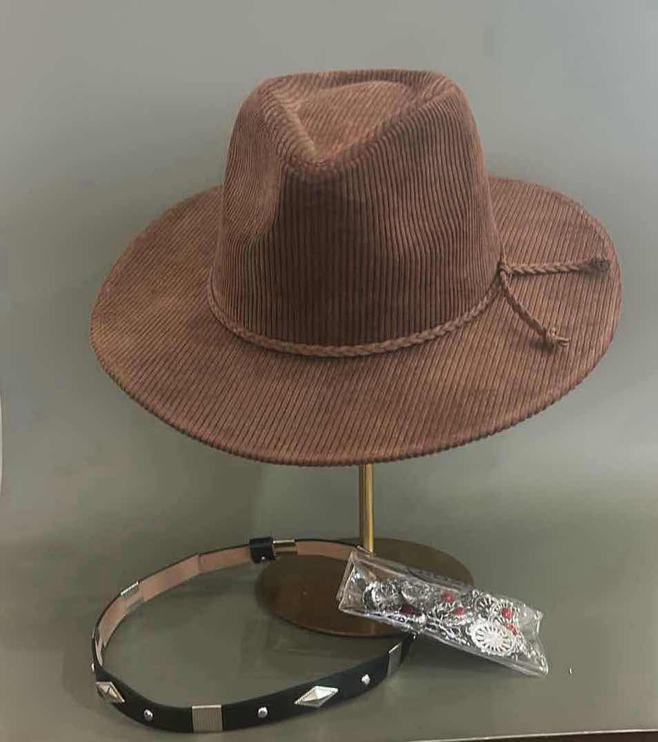 Photo 1 of NEW WITH TAGS - WOMEN’S SONOMA CORDUROY $42 FEDORA / COWGIRL HAT  PLUS 1 HAT BAND AND CONCHO BELT