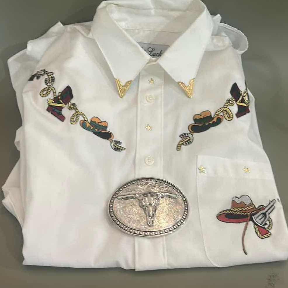 Photo 1 of NEW WOMENSWEAR - GET LUCKY COWGIRL / WESTERN / RODEO SHIRT SIZE MED AND SILVER LONGHORN BELT BUCKLE