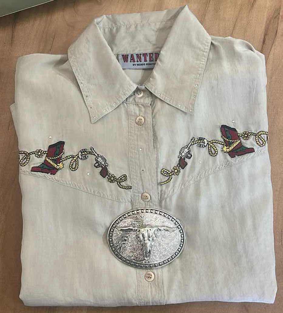 Photo 1 of WOMENSWEAR - WANTED 100% SILK COWGIRL / WESTERN / RODEO SHIRT SIZE MED AND SILVER LONGHORN BELT BUCKLE