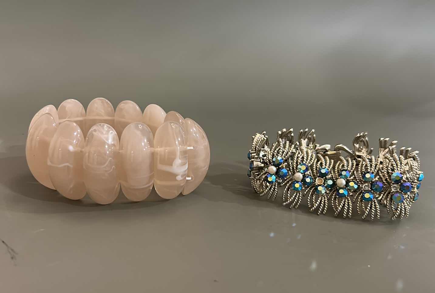 Photo 1 of 2- WOMEN’S BRACELET, ROSE QUARTZ AND VINTAGE SILVER WITH BLUE RHINESTONES, PEARLS AND GEMSTONES