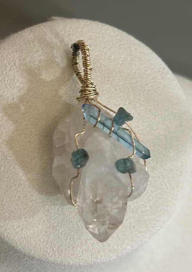 Photo 2 of WOMEN’S PENDANT - CUSTOM MADE, WIRE WRAPPED H2”  CELESTITE & AQUAMARINE