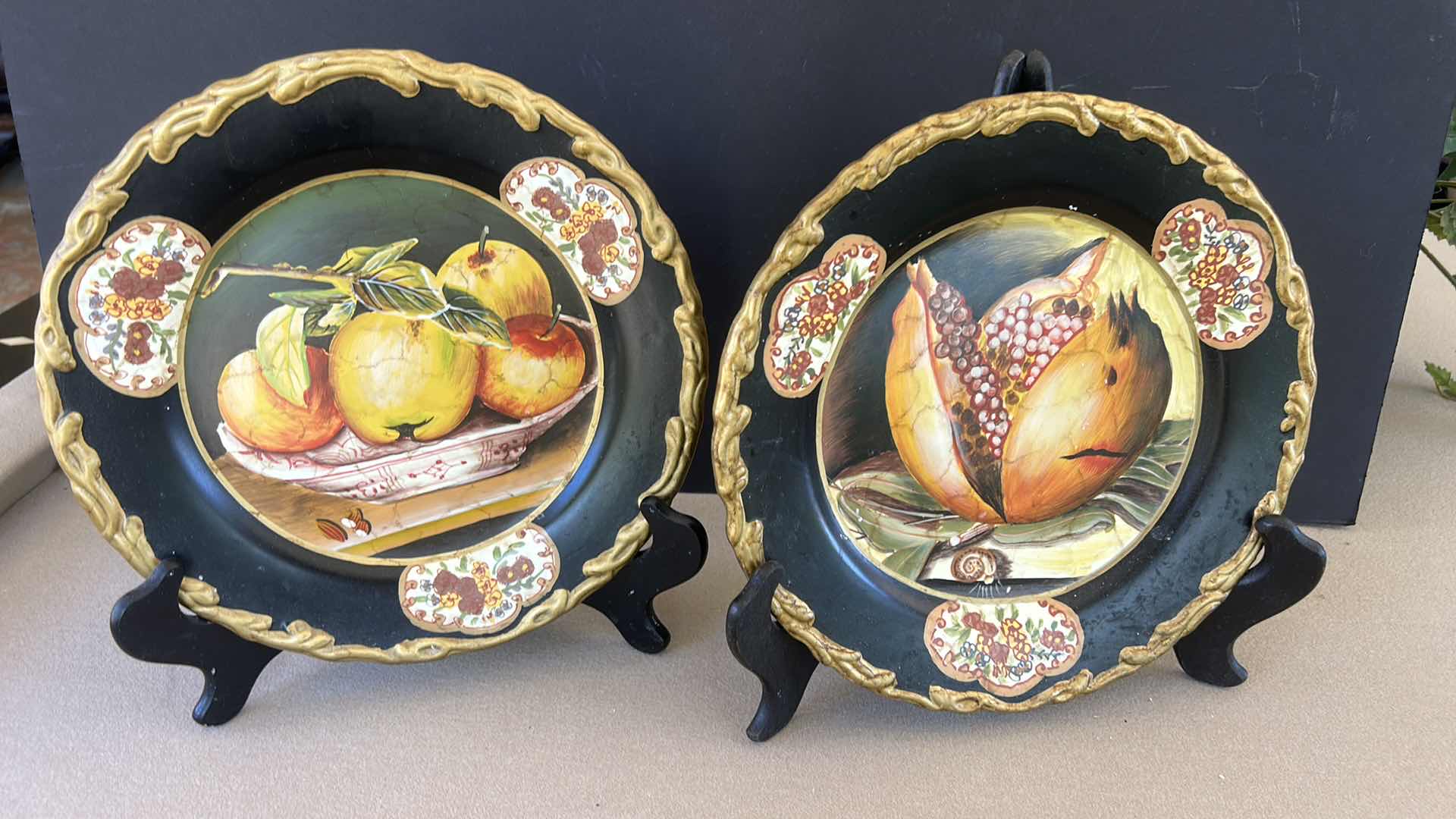 Photo 1 of 2 ORNATE BLACK AND GOLD DECORATIVE PLATES  10.5” ON STANDS