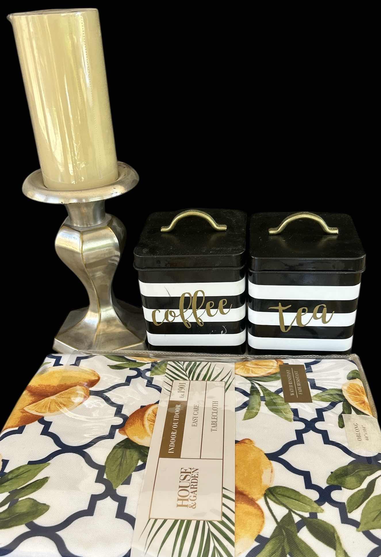 Photo 1 of HOME ACCESSORIES - NEW TABLECLOTH, CANDLE & CANDLEHOLDER AND 2 TINS