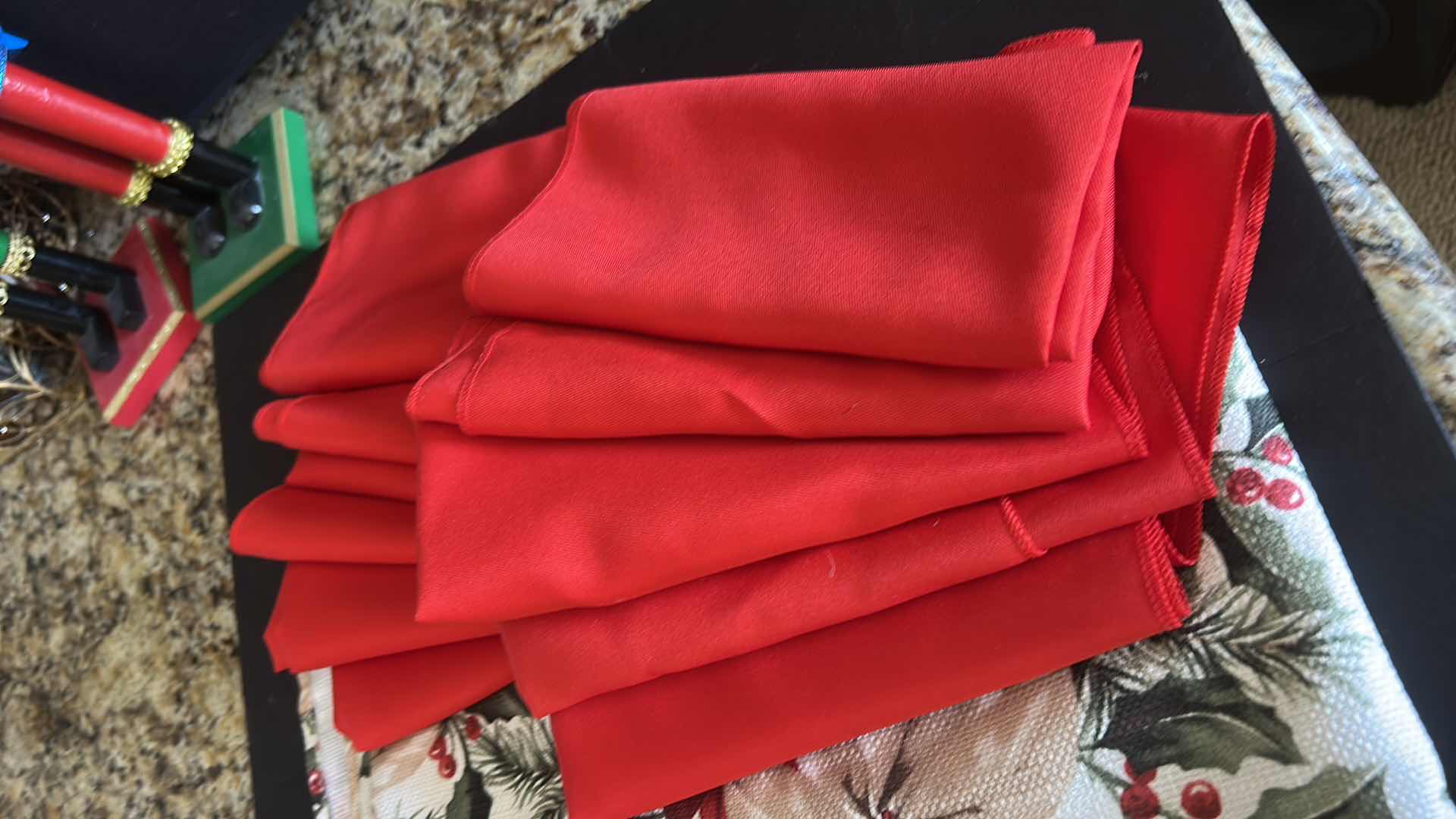 Photo 1 of CHRISTMAS TABLE CLOTH, 12 NAPKINS & 3 GLASS CANDLE HOLDERS