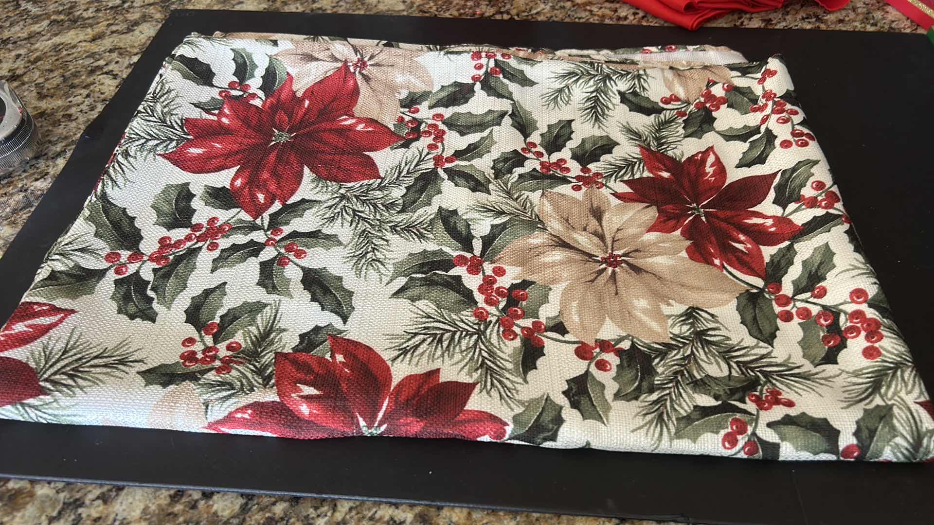 Photo 1 of CHRISTMAS TABLE CLOTH, 12 NAPKINS & 3 GLASS CANDLE HOLDERS