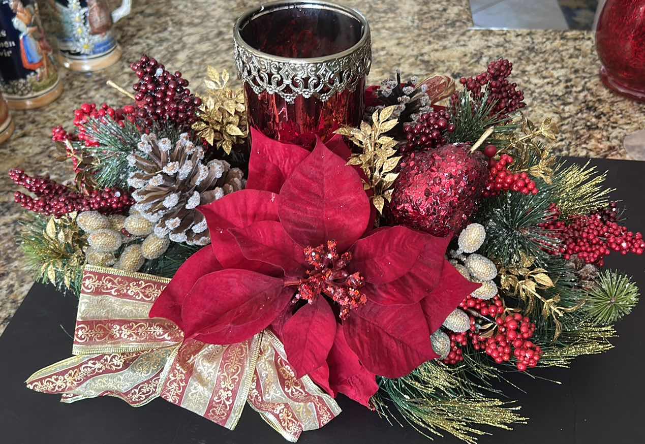 Photo 1 of HOLIDAY FAUX POINSETTIA CANDLE FLORAL ARRANGEMENT 21” x 12”