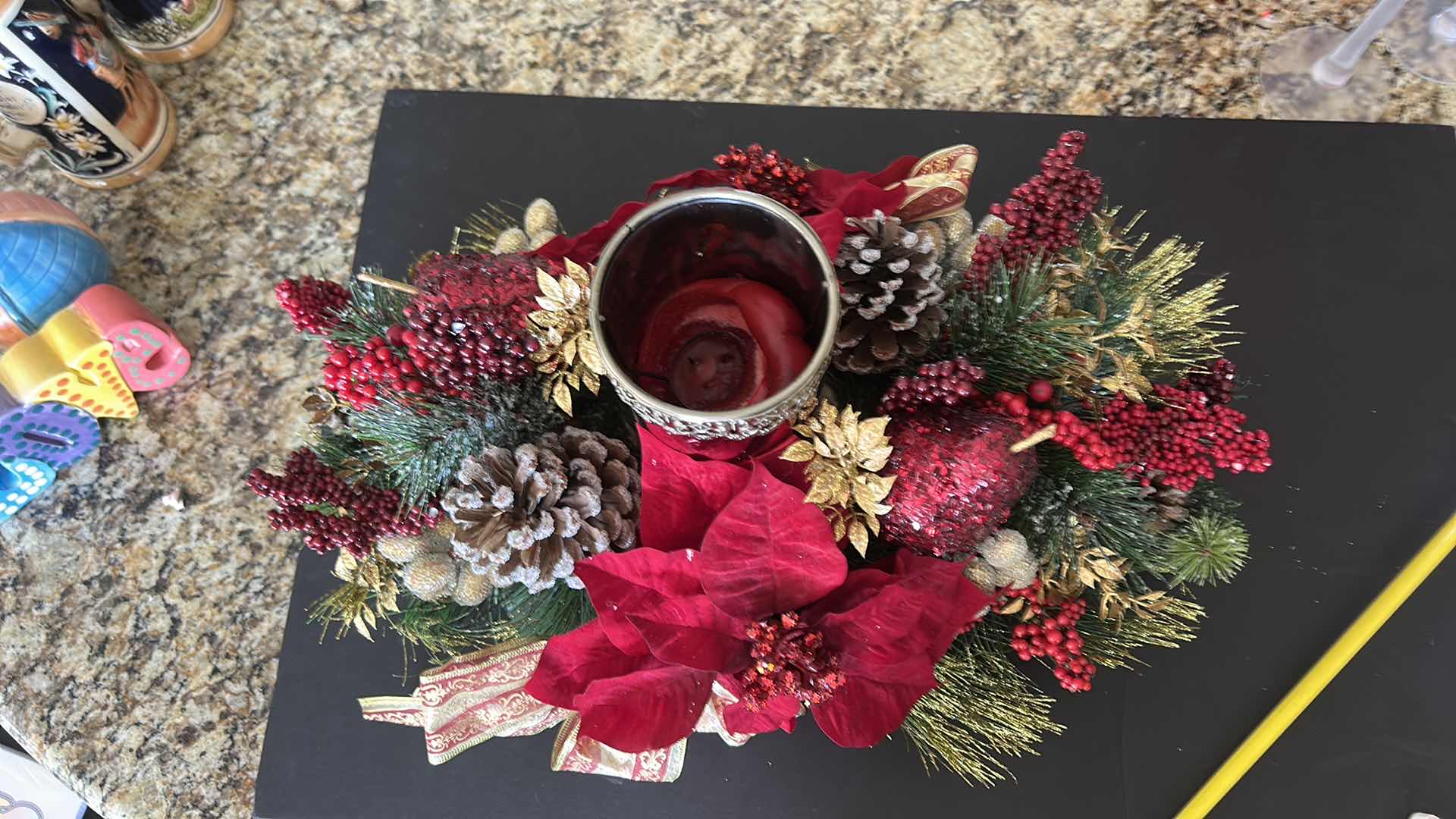 Photo 1 of HOLIDAY FAUX POINSETTIA CANDLE FLORAL ARRANGEMENT 21” x 12”