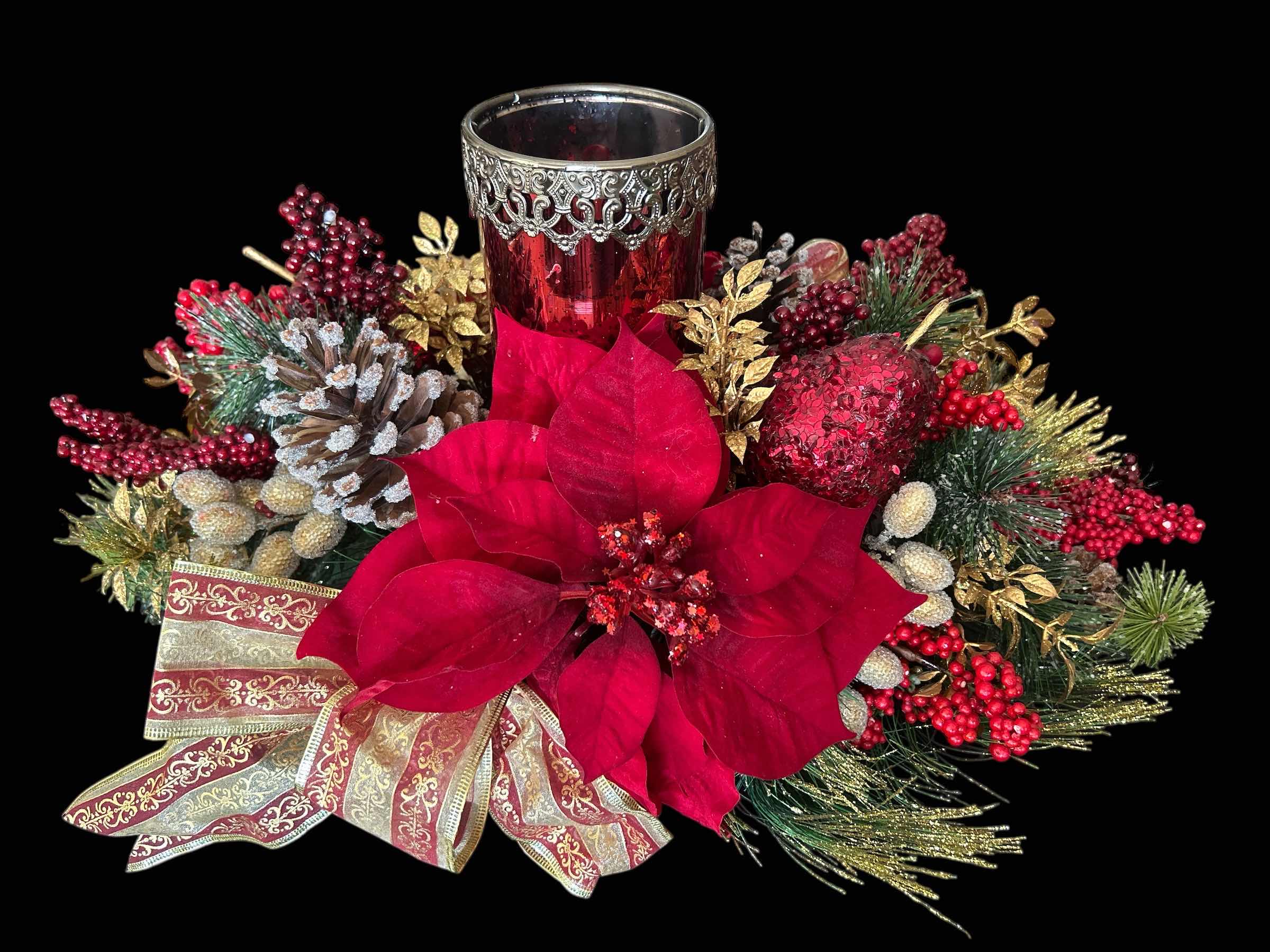 Photo 1 of HOLIDAY FAUX POINSETTIA CANDLE FLORAL ARRANGEMENT 21” x 12”