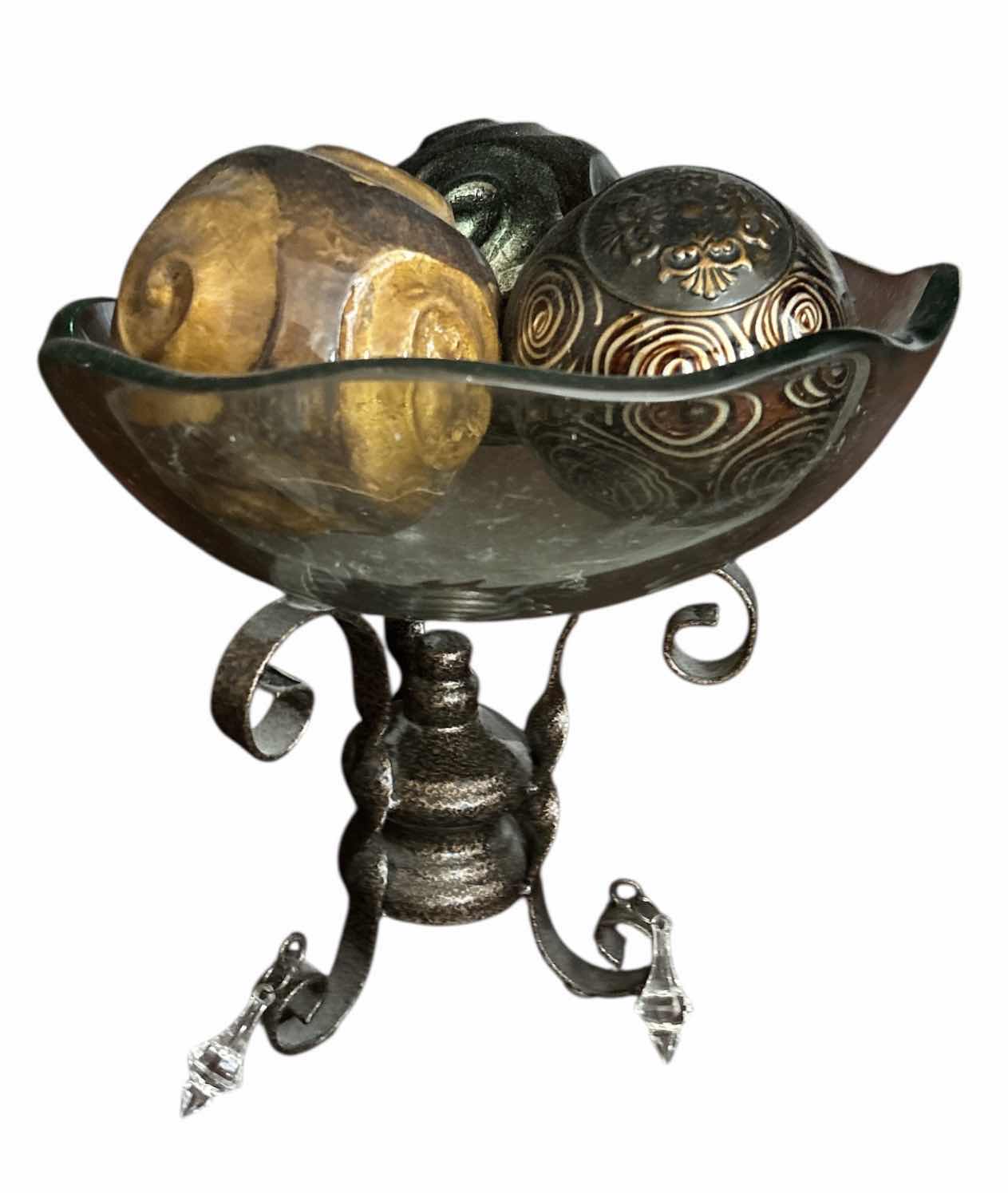 Photo 1 of IRON SCROLL STAND W GLASS BOWL FILLED W DECOR BALLS H12”