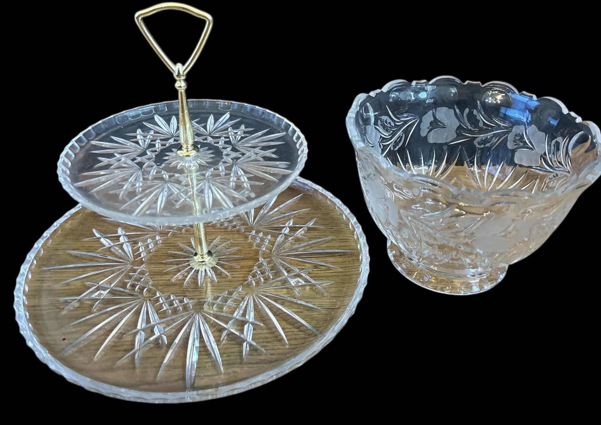 Photo 1 of 2 GLASS / CRYSTAL PIECES- 2 TIERED STAND, SCALLOPED BOWL