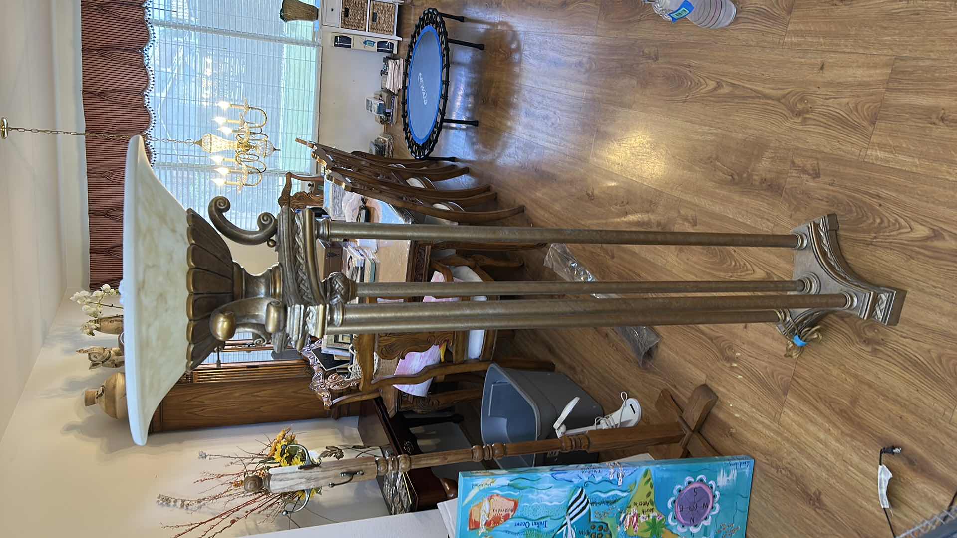 Photo 1 of 6.5’ HEAVY ORNATE GOLD METAL FLOOR LAMP WITH COLORED GLASS SHADE
