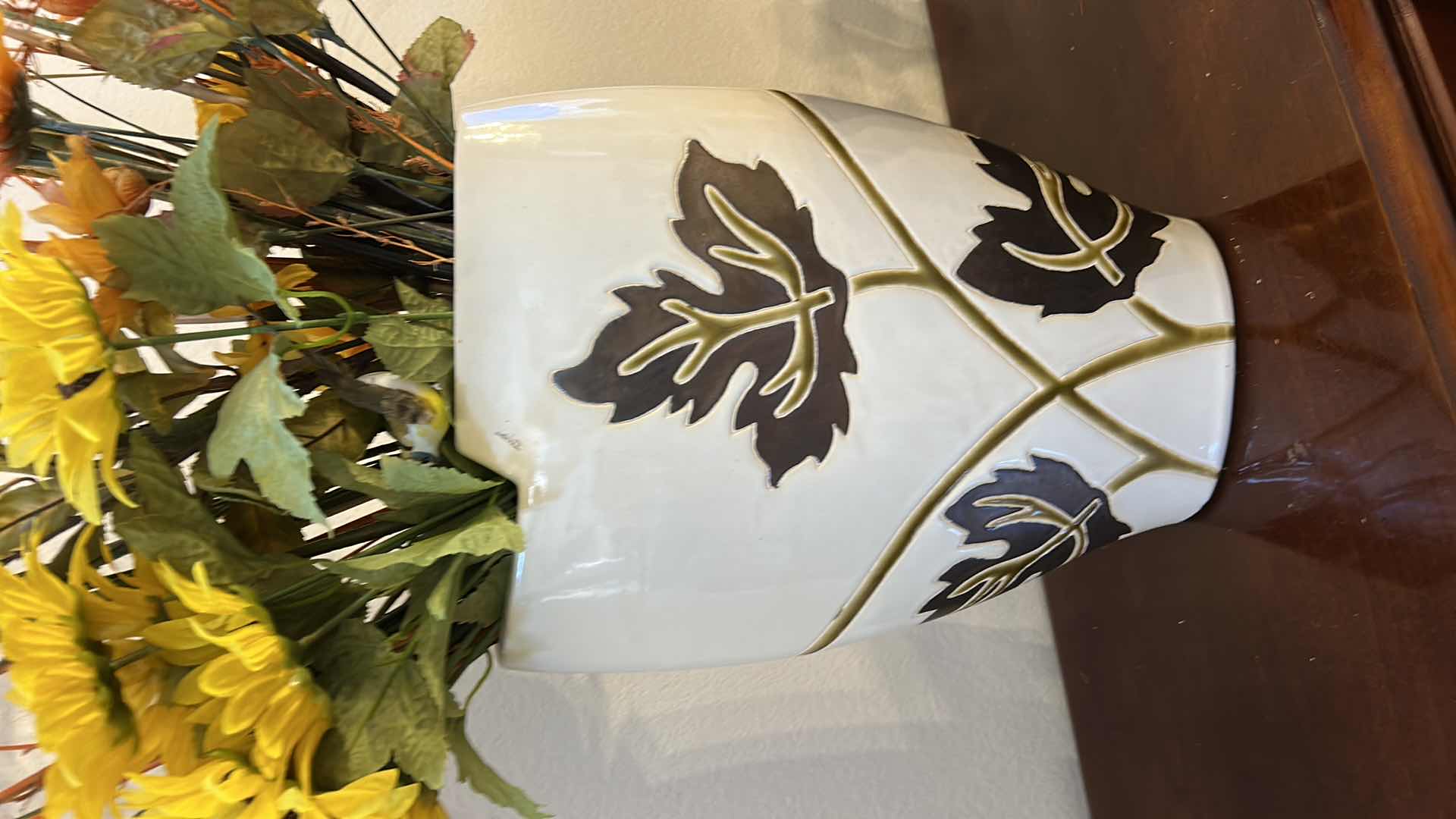 Photo 1 of CERAMIC LEAF VASE H 16” WITH FAUX FLOWERS