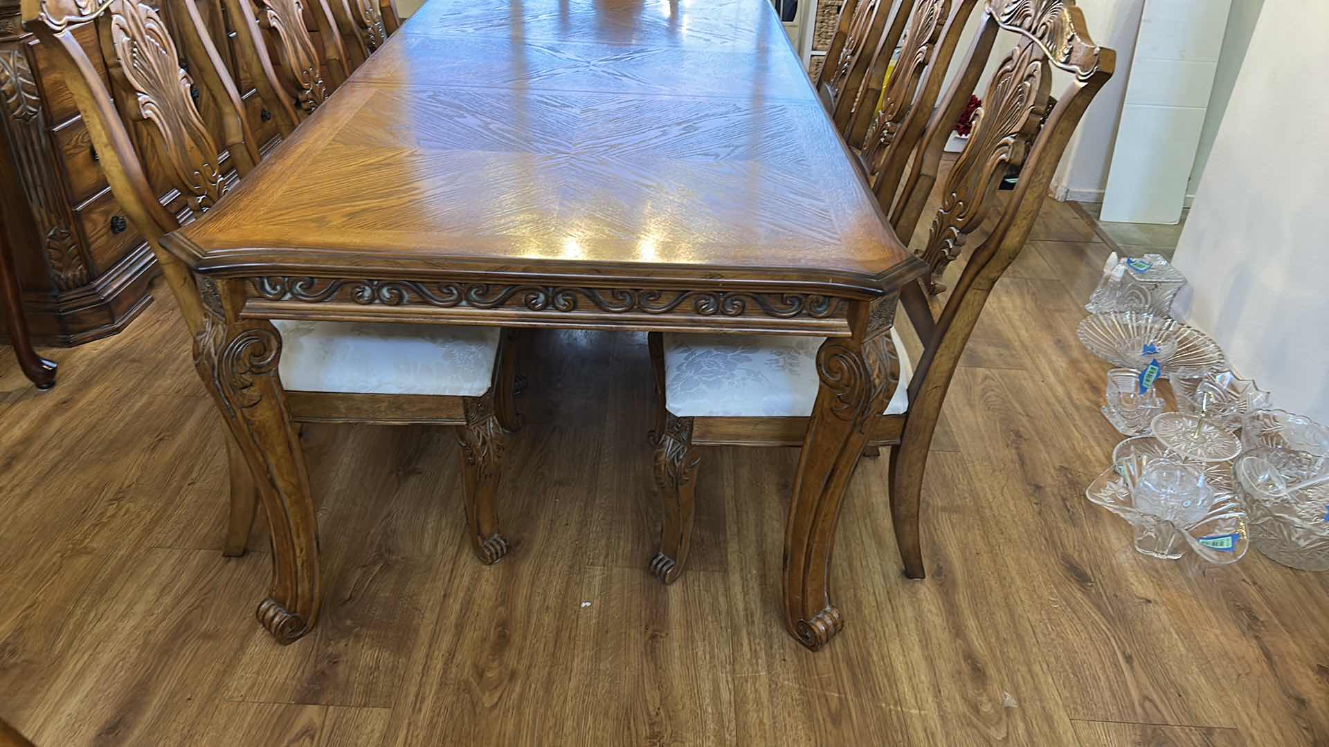 Photo 1 of WOOD DINING ROOM TABLE WITH ONE LEAF 8 CHAIRS, 2 ARM CHAIRS AND 6 SIDE CHAIRS 44” x 91” x 29 1/2” center 18 inches