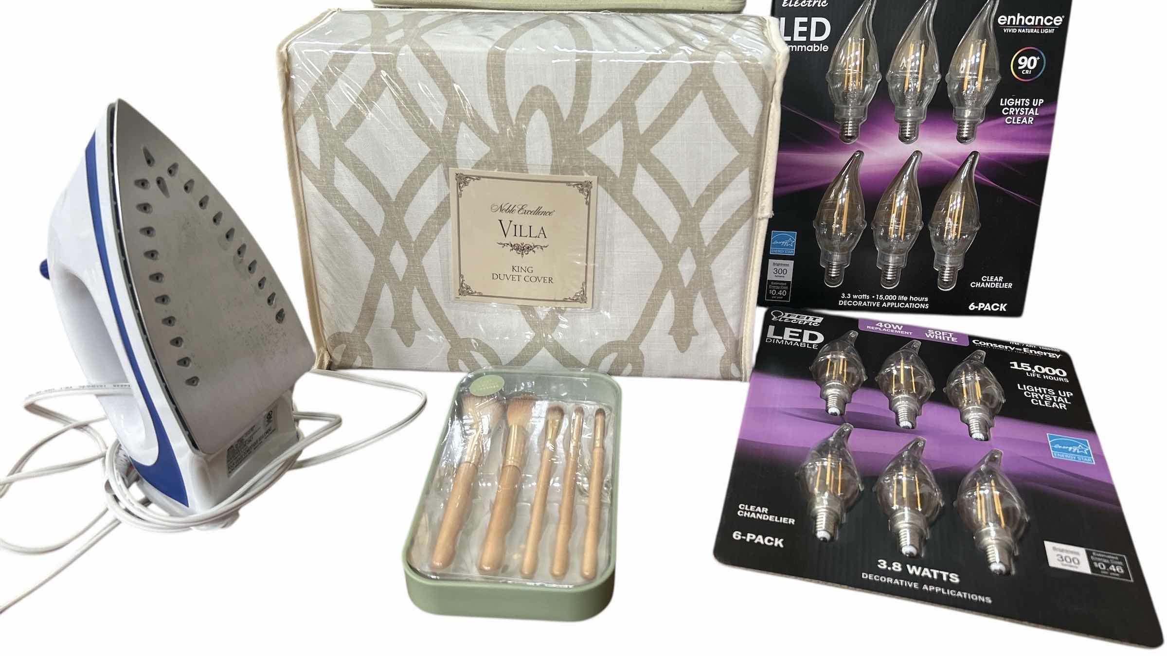 Photo 1 of HOUSEHOLD ITEMS- IRON, KING DUVET COVER, MAKEUP BRUSHES, LED BULBS