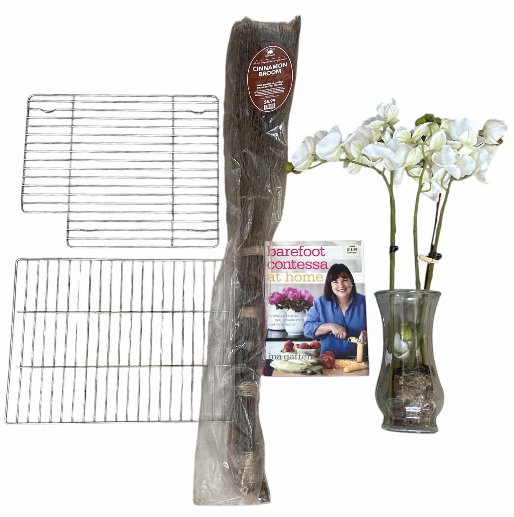 Photo 1 of HOUSEHOLD ASSORTMENT- WIRE RACKS, CINNAMON BROOM, HARDCOVER BOOK, FAUX ORCHID IN GLASS VASE