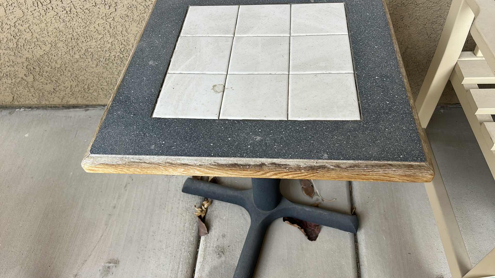 Photo 1 of OUTDOOR WOOD TILE TOP TABLE WITH BLACK METAL BASE 20” x H23 1/2”