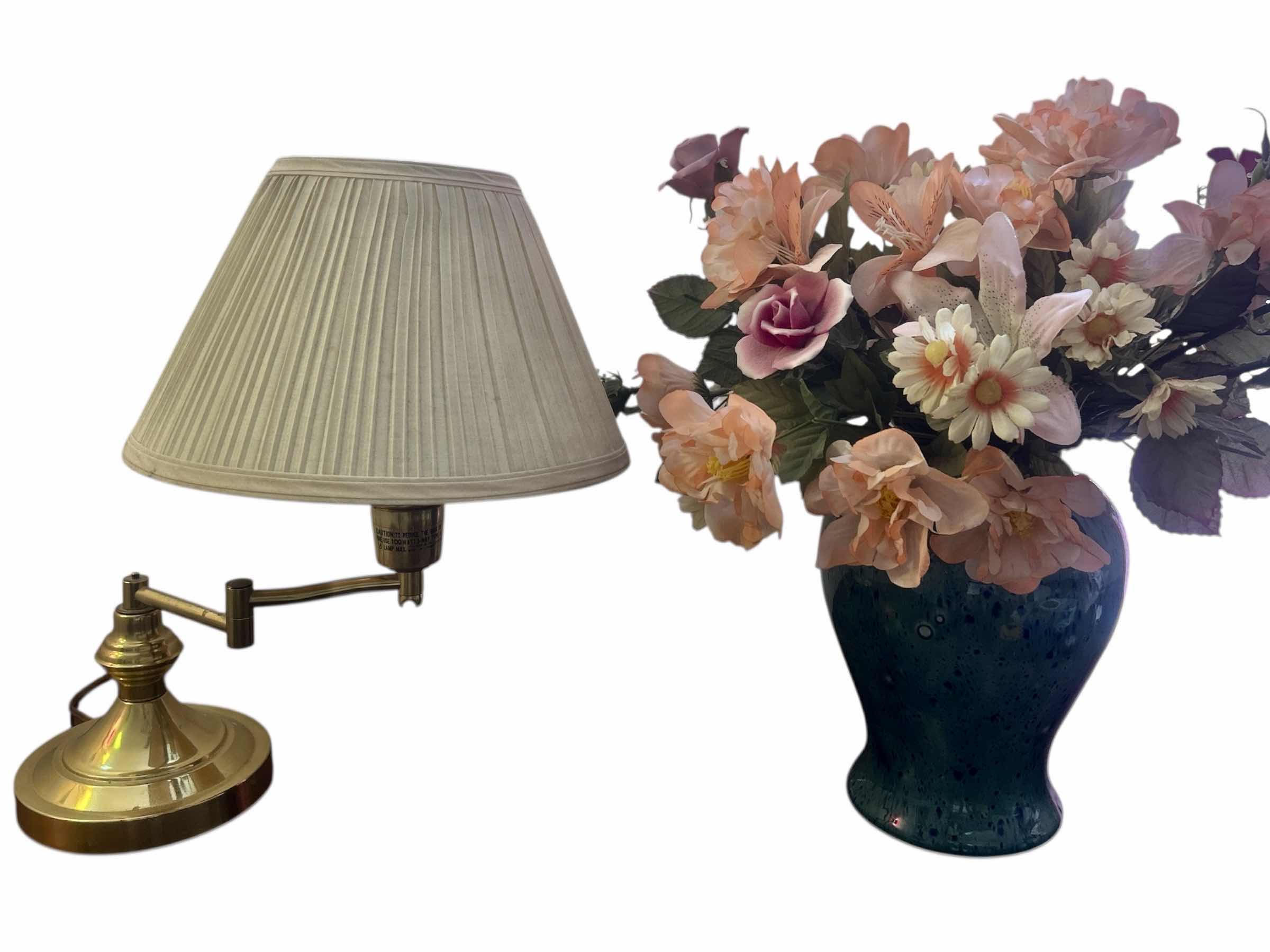 Photo 1 of VINTAGE BRASS SWING ARM TABLE LAMP H17”AND SPECKLED CERAMIC VASE WITH FAUX FLOWERS