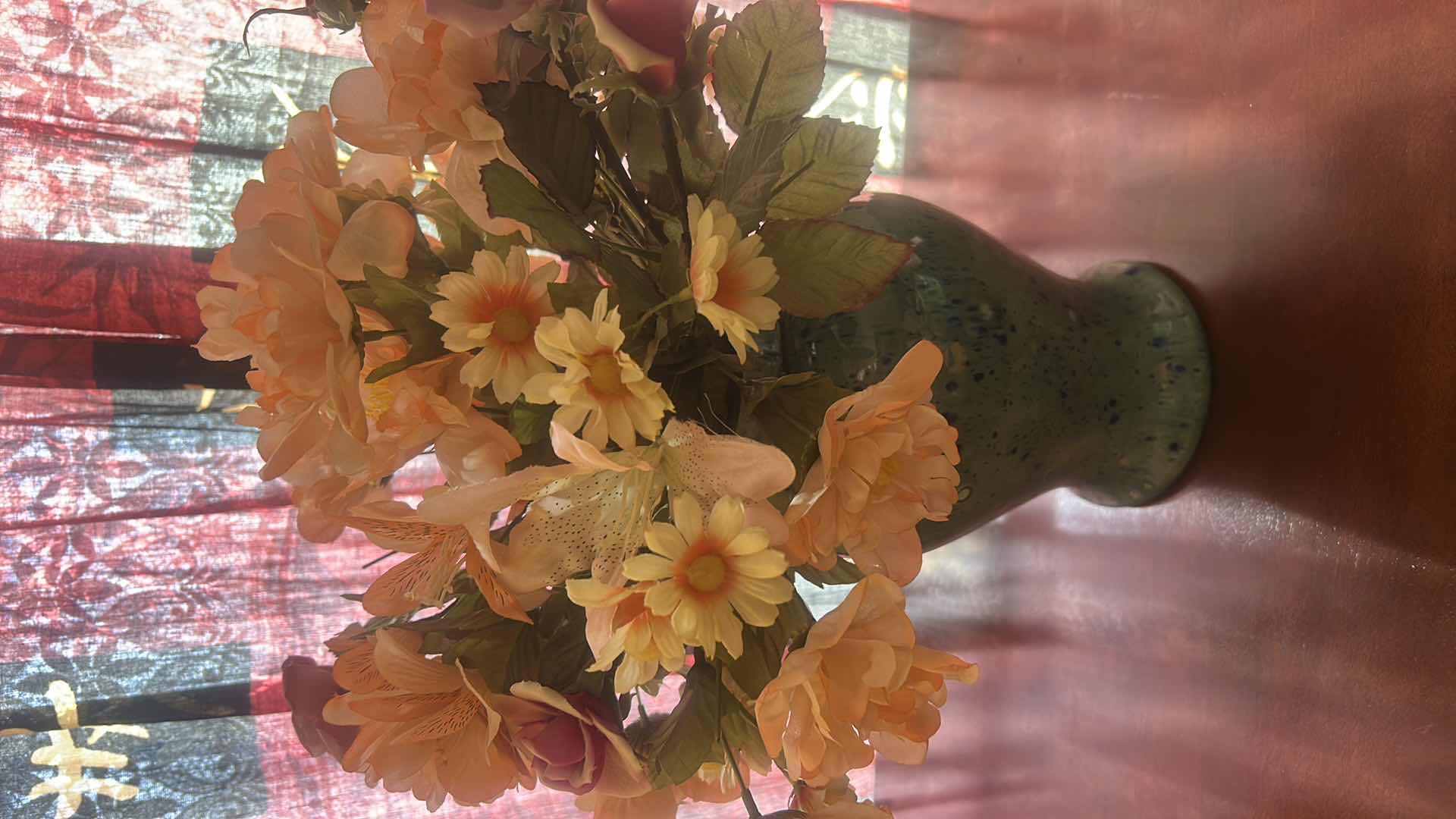 Photo 1 of VINTAGE BRASS SWING ARM TABLE LAMP H17”AND SPECKLED CERAMIC VASE WITH FAUX FLOWERS
