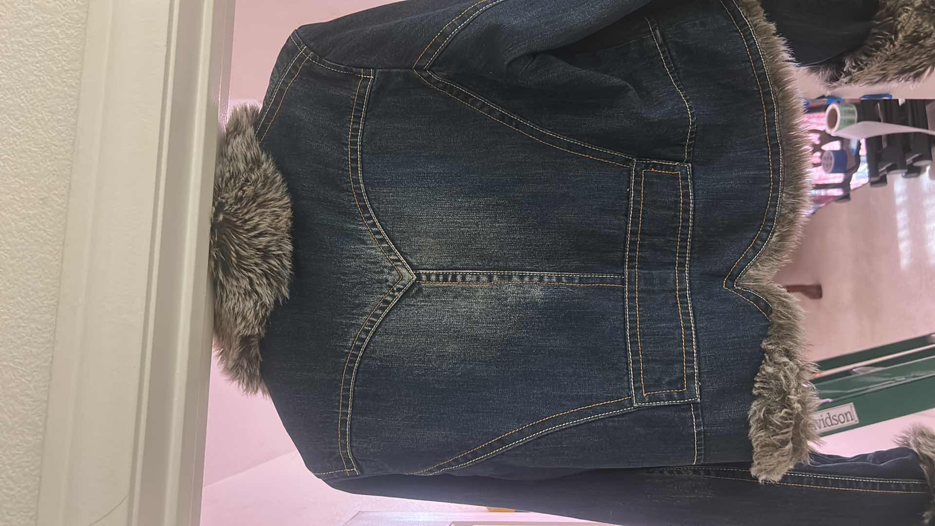 Photo 1 of WOMENSWEAR- DENIM JACKET WITH FAUX FUR SIZED XL, LOOKS LIKE POSSIBLY A JUNIORS XL