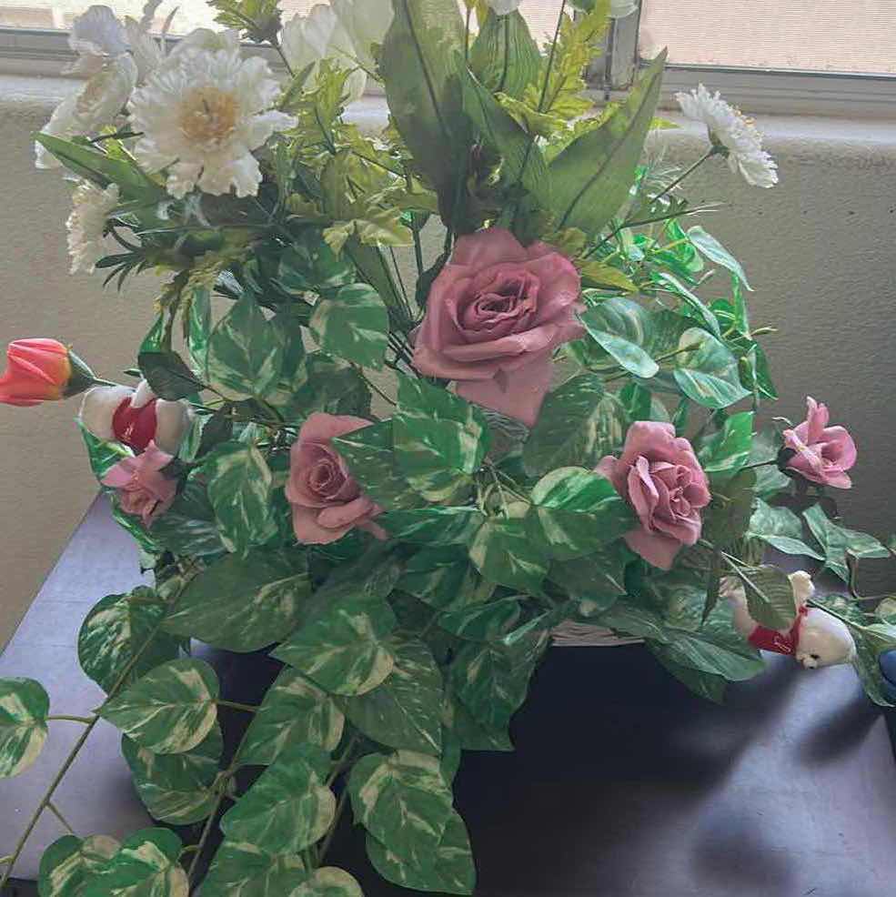 Photo 1 of 2 STUFFED ANIMALS AND BASKET OF FAUX FLOWERS