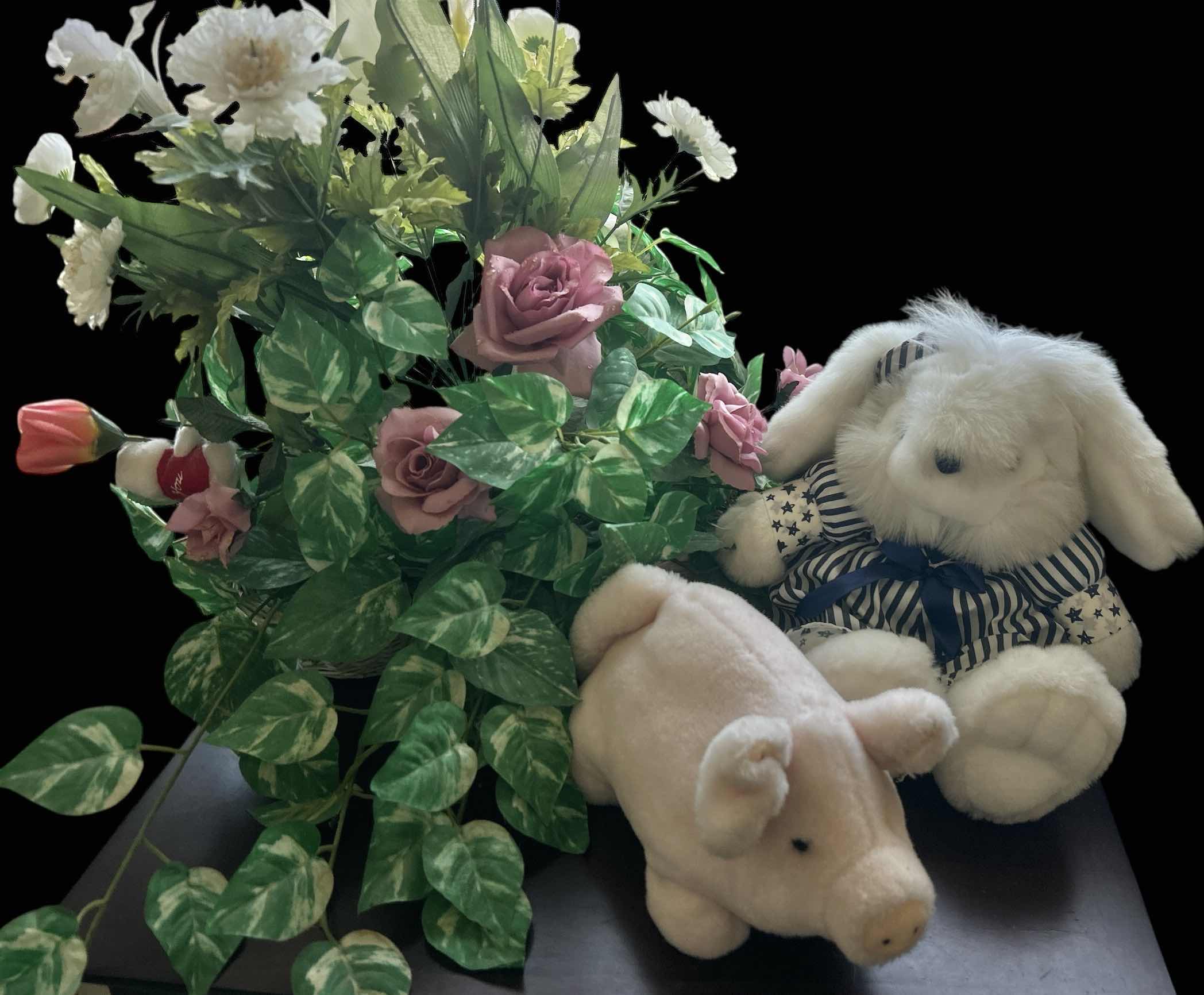 Photo 1 of 2 STUFFED ANIMALS AND BASKET OF FAUX FLOWERS