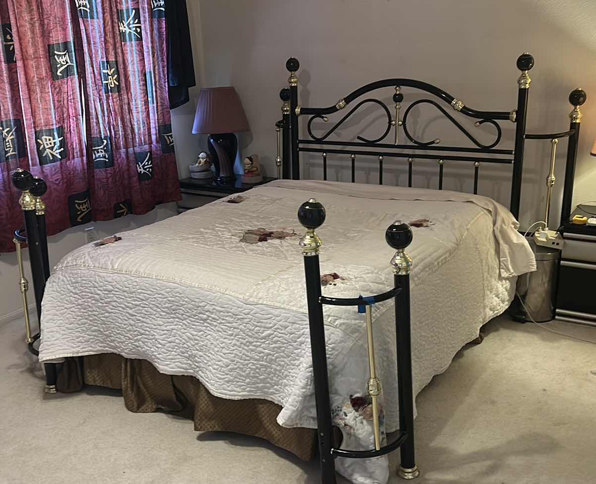 Photo 1 of QUEEN SIZE BLACK AND GOLD METAL HEADBOARD AND FOOTBOARD WITH SIDE PANELS  81” x 93” x 56 1/2”