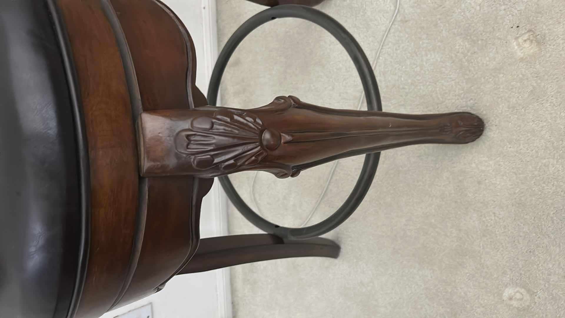 Photo 1 of HEAVY STURDY BURL WOOD INLAID BAR WITH MARBLE TOP 6‘ x 2‘ x H42“ AND  2 MATCHING BARSTOOLS