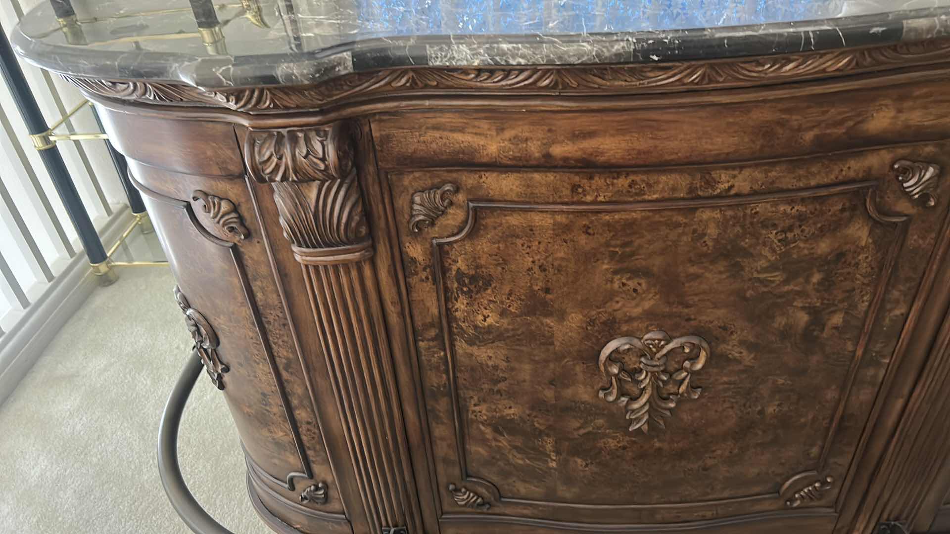 Photo 1 of HEAVY STURDY BURL WOOD INLAID BAR WITH MARBLE TOP 6‘ x 2‘ x H42“ AND  2 MATCHING BARSTOOLS