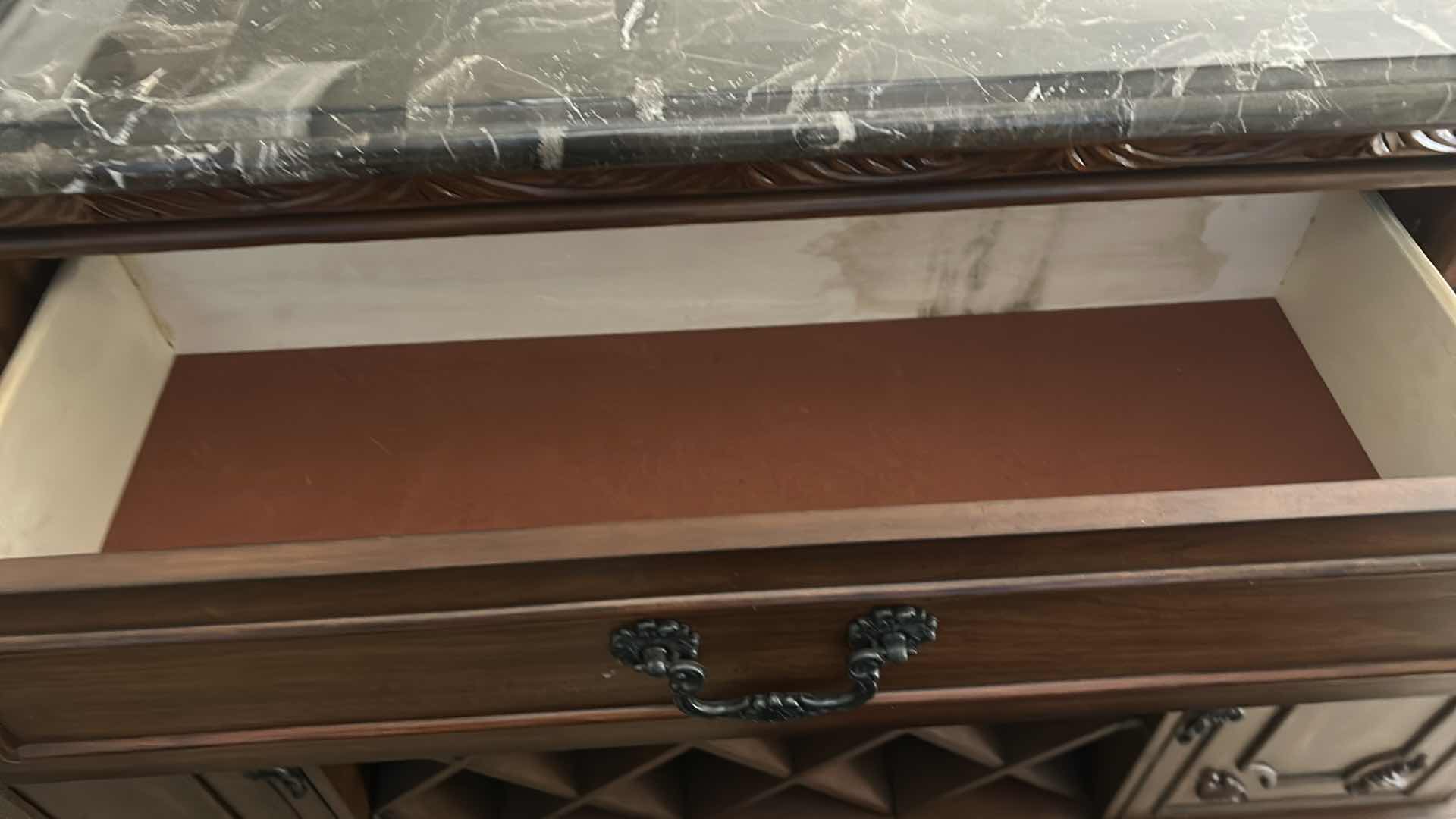 Photo 1 of HEAVY STURDY BURL WOOD INLAID BAR WITH MARBLE TOP 6‘ x 2‘ x H42“ AND  2 MATCHING BARSTOOLS