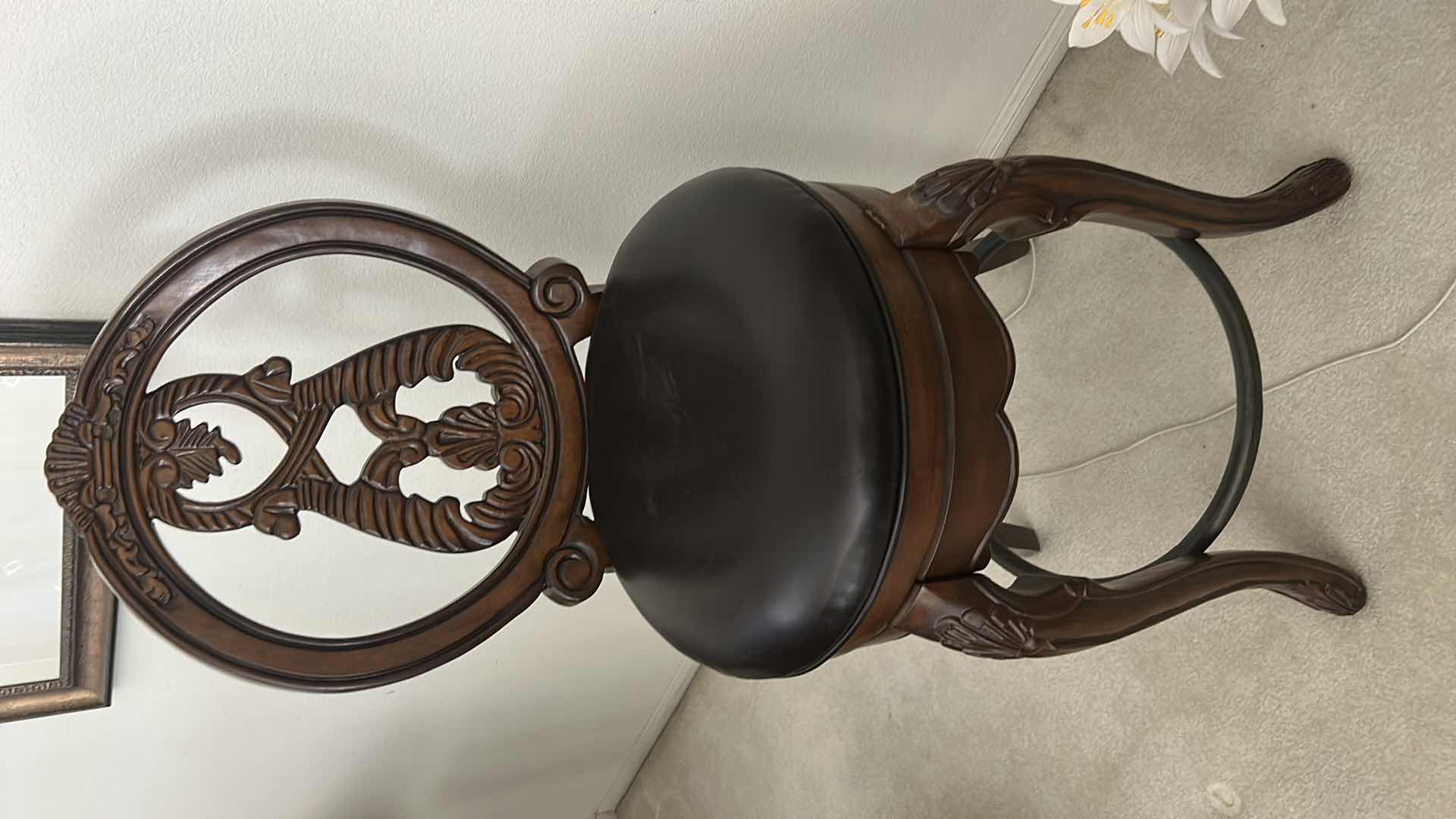 Photo 1 of HEAVY STURDY BURL WOOD INLAID BAR WITH MARBLE TOP 6‘ x 2‘ x H42“ AND  2 MATCHING BARSTOOLS