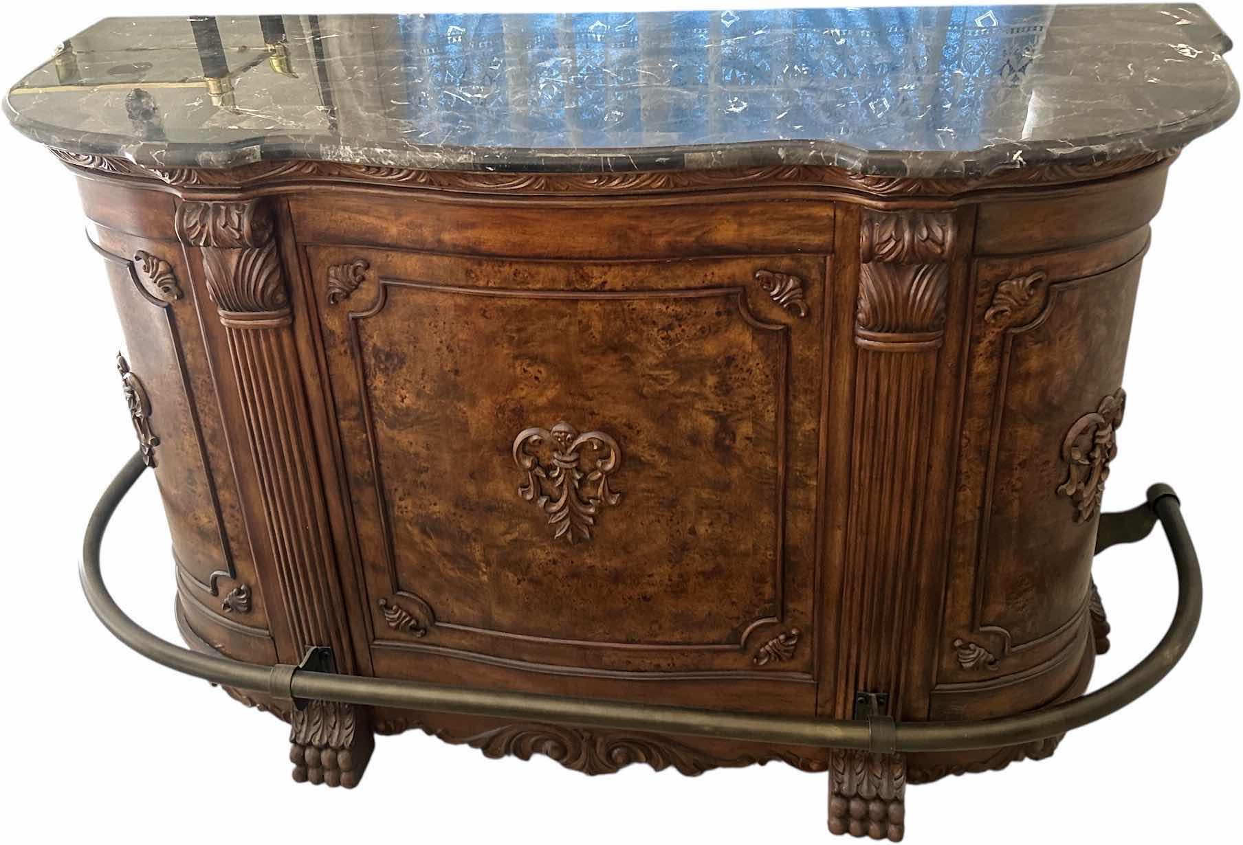 Photo 1 of HEAVY STURDY BURL WOOD INLAID BAR WITH MARBLE TOP 6‘ x 2‘ x H42“ AND 2 MATCHING BARSTOOLS