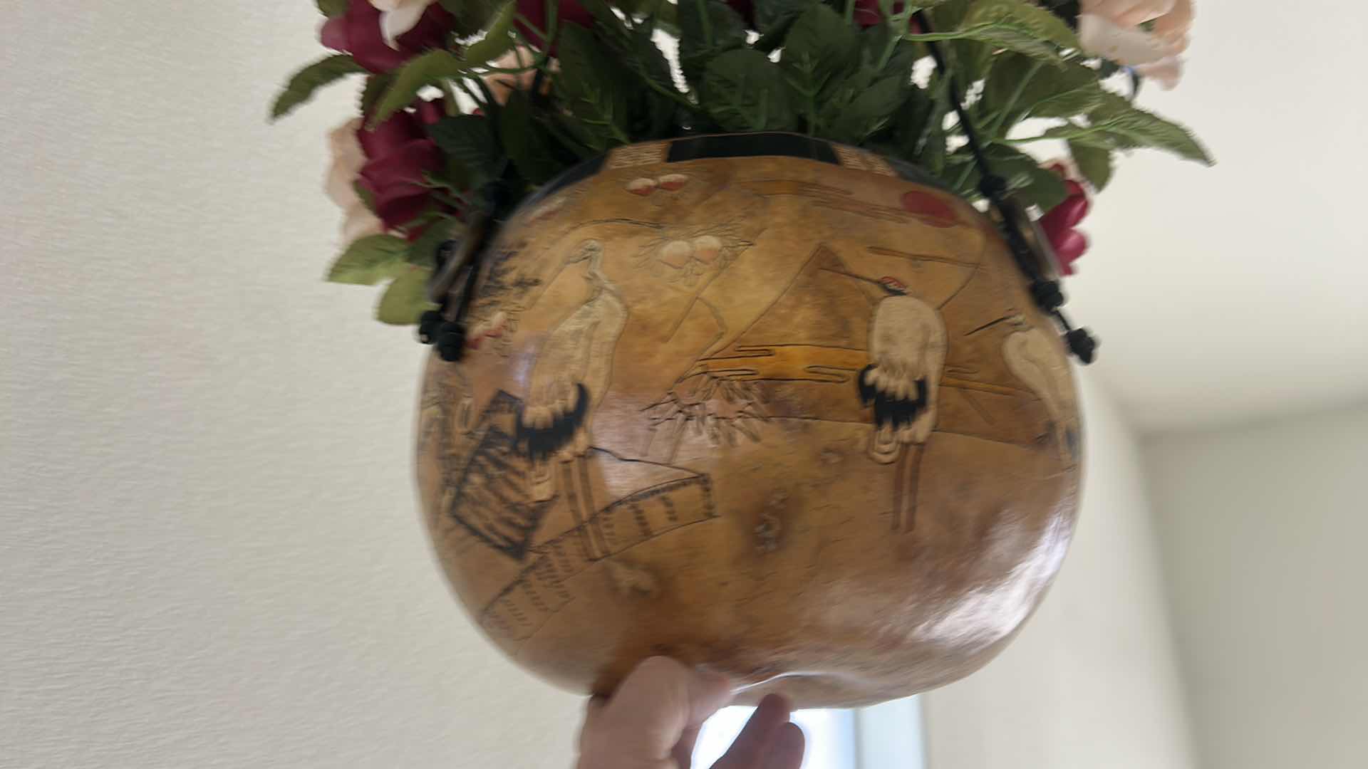Photo 1 of LARGE HAND-PAINTED HANGING GOURD WITH FAUX FLOWERS EST 6’