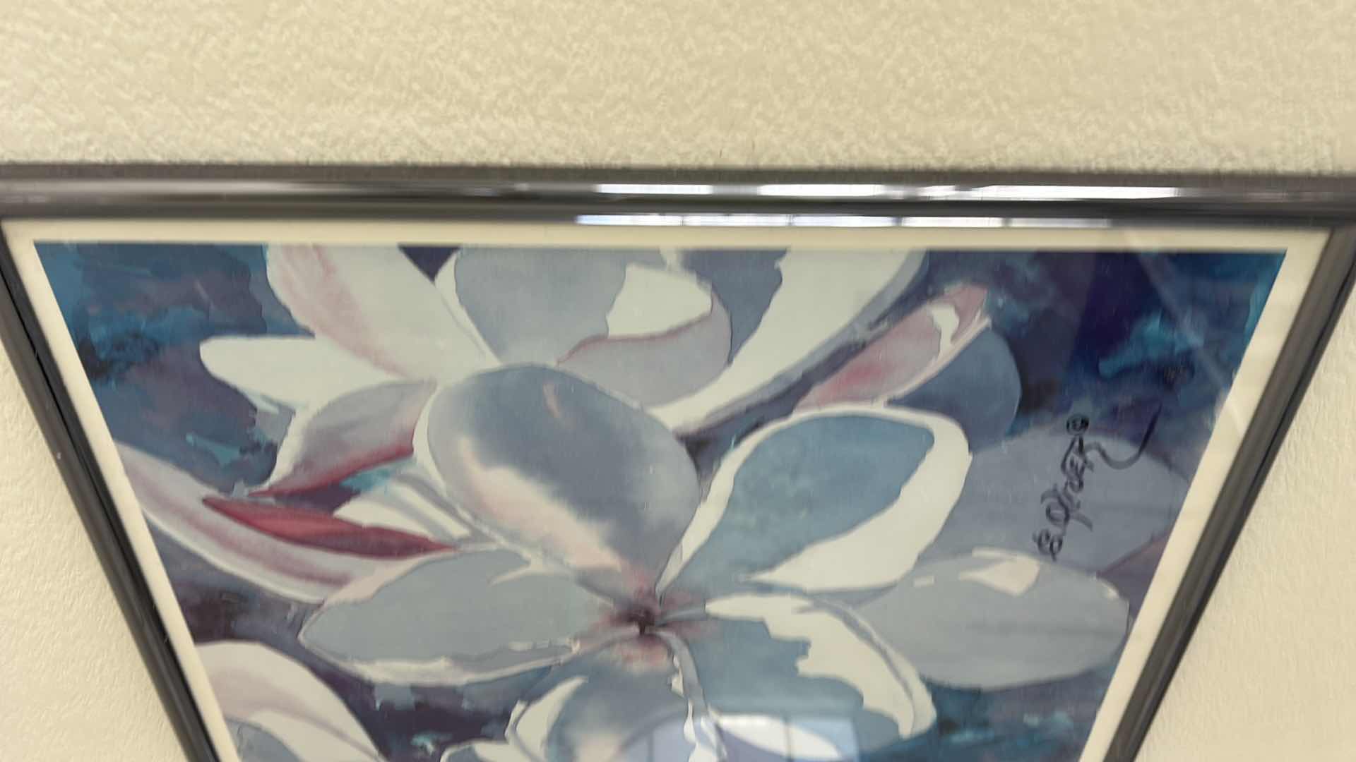Photo 1 of FRAMED BLUE FLORAL SIGNED ARTWORK 27“ x H21“