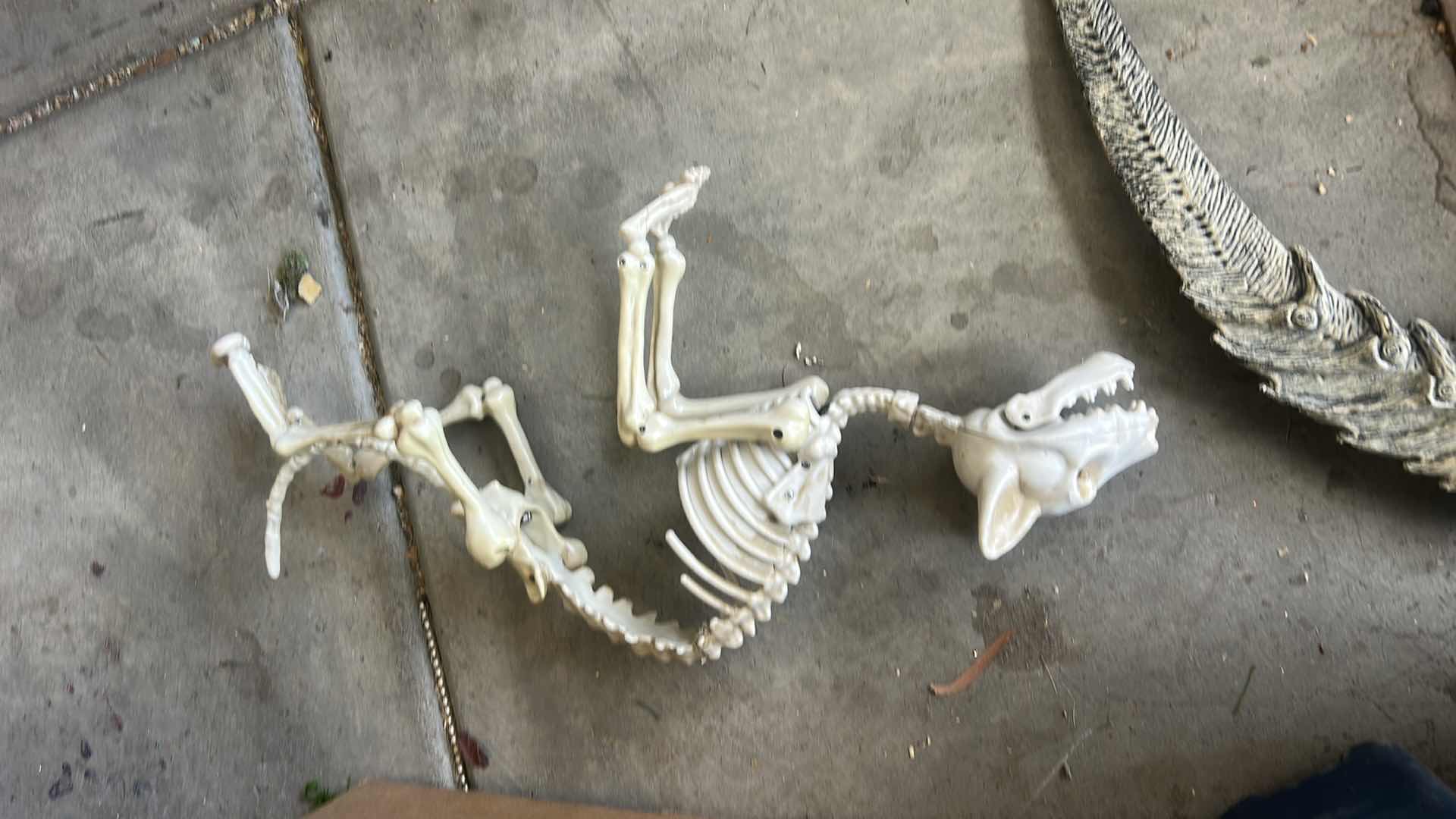 Photo 1 of TOTE- SCARY HALLOWEEN DECORATIONS - 2 LIFE SIZE SKELETONS & CAT SKELETON & A BAG OF FABRIC