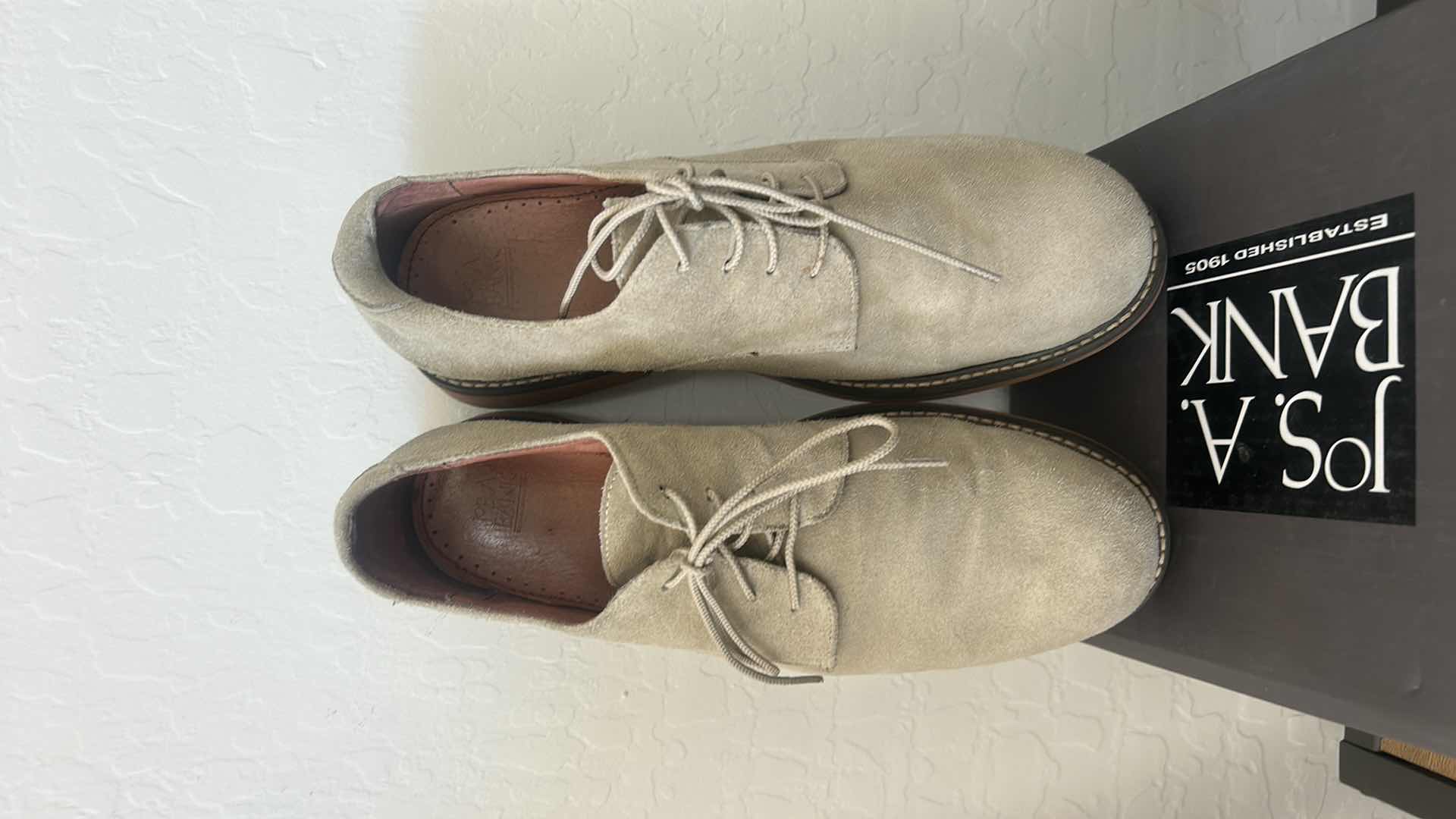 Photo 1 of MENS JoS A BANK CLOTHIERS TAN SUEDE MENS SHOES SIZE 11.5M & CLEANING SUPPLIES