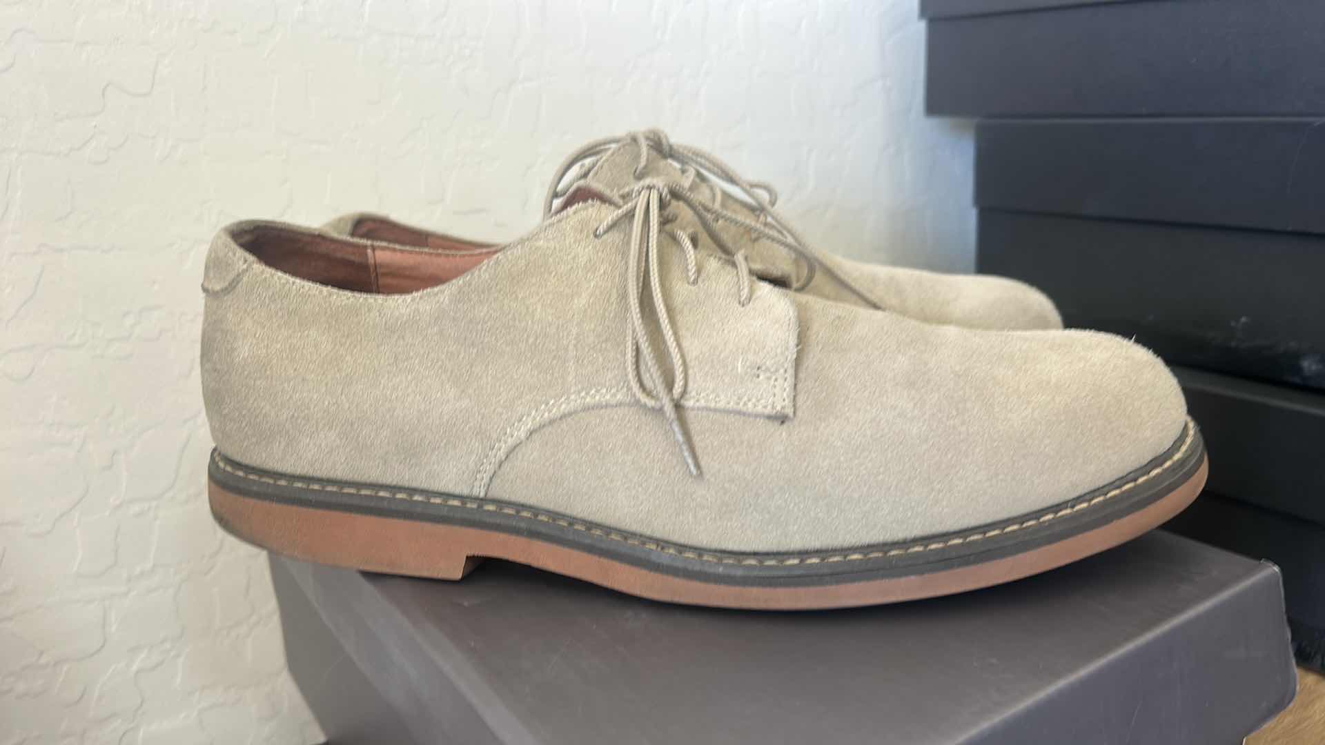 Photo 1 of MENS JoS A BANK CLOTHIERS TAN SUEDE MENS SHOES SIZE 11.5M & CLEANING SUPPLIES